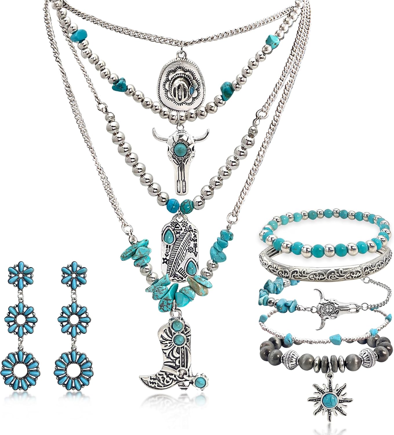 Turquoise Western Jewelry Set for Women, Boho Cowgirl Earrings Bracelet Stack and Layered Necklace, Silver Tone, Multiple Styles - Image 7