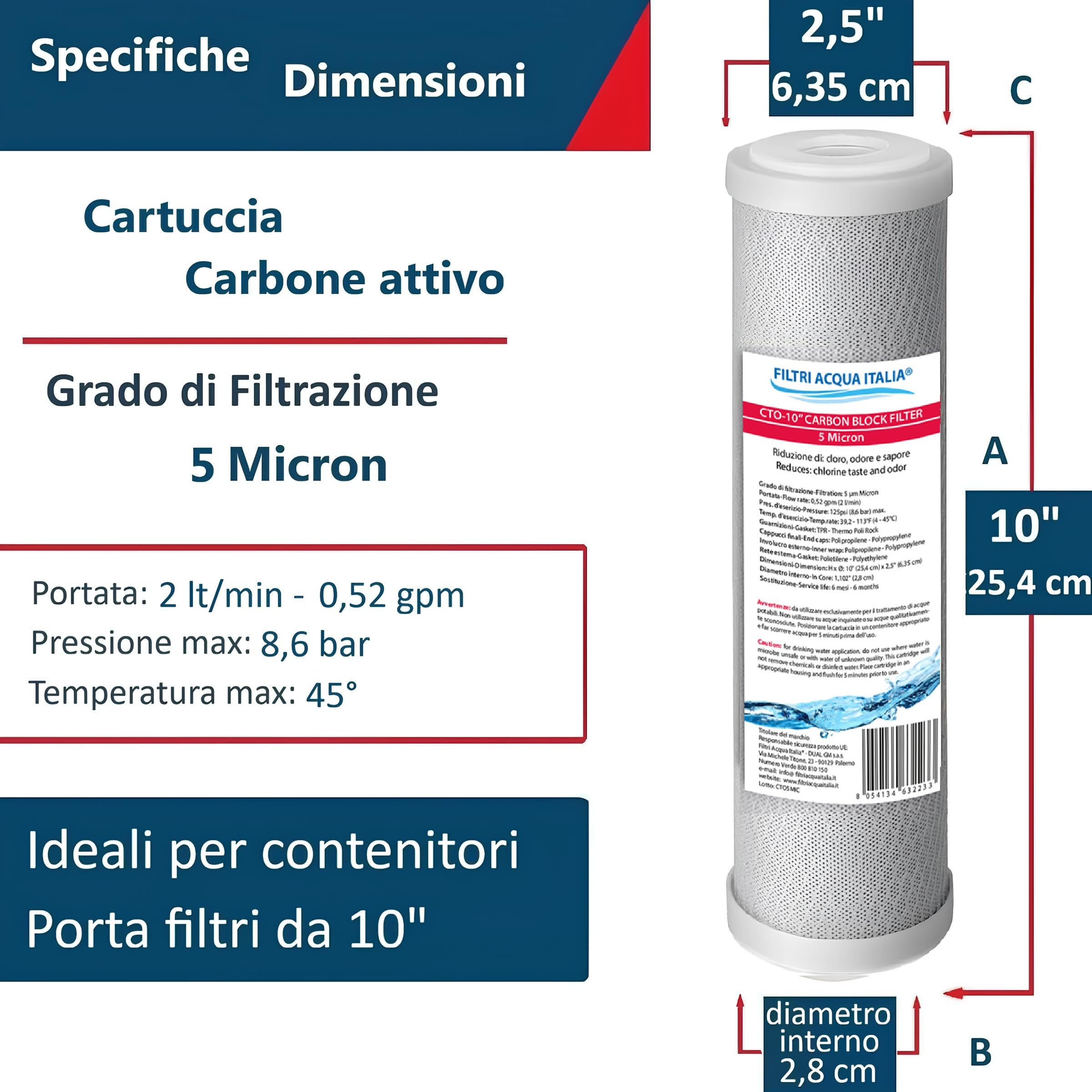 Cartuccia Carbon Block 5 Micron 10 Pollici CTO Filtro a carbone attivo per osmosi inversa Set 3 Pz. Filtri Acqua Italia®