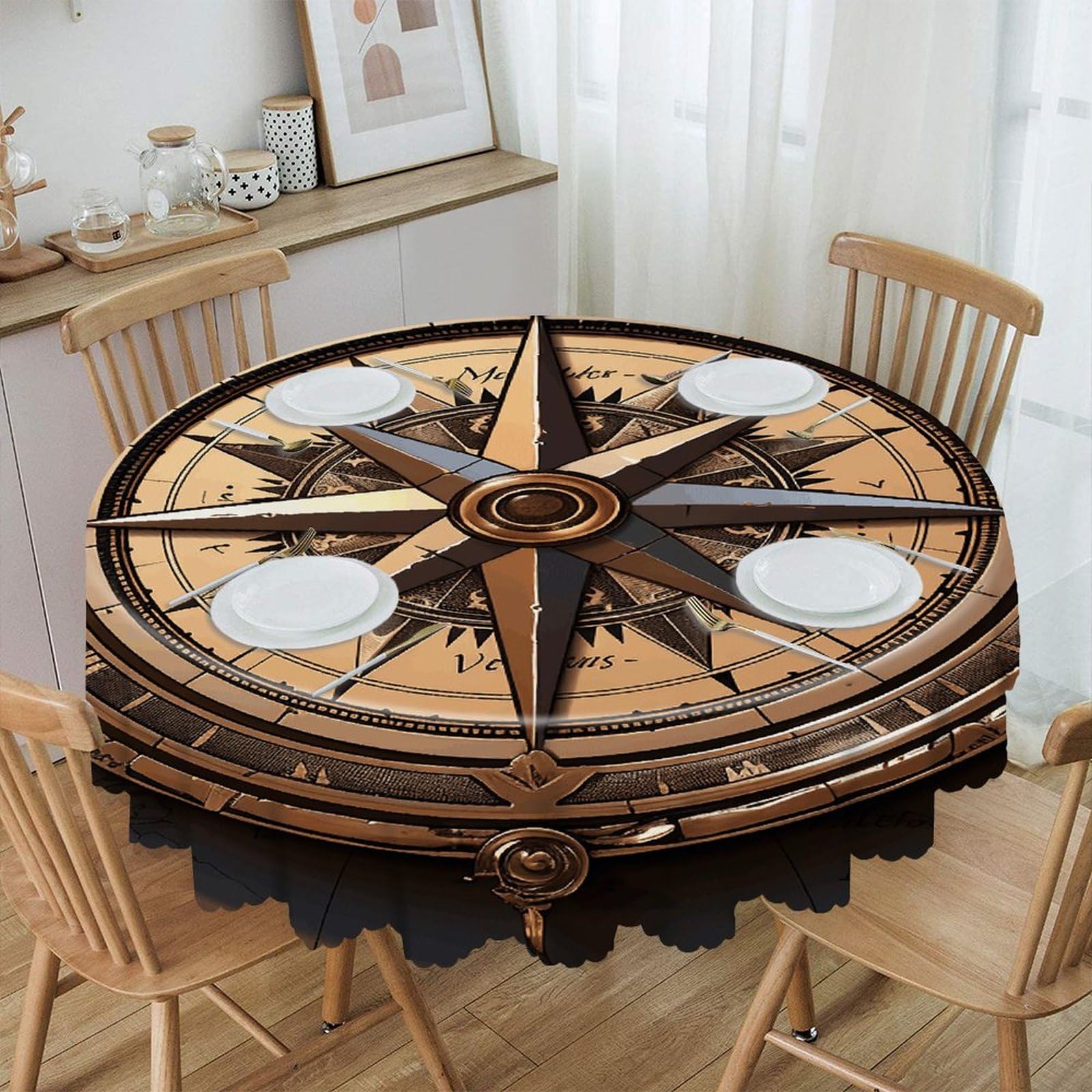 VstaDank Compass Wind Road Map Round Tablecloth Wipeable Round Polyester Tablecloth Waterproof Wrinkle Free Indoor and Outdoor Table Cover 60 Inch Decorative Farmhouse Table Cloth for Dining