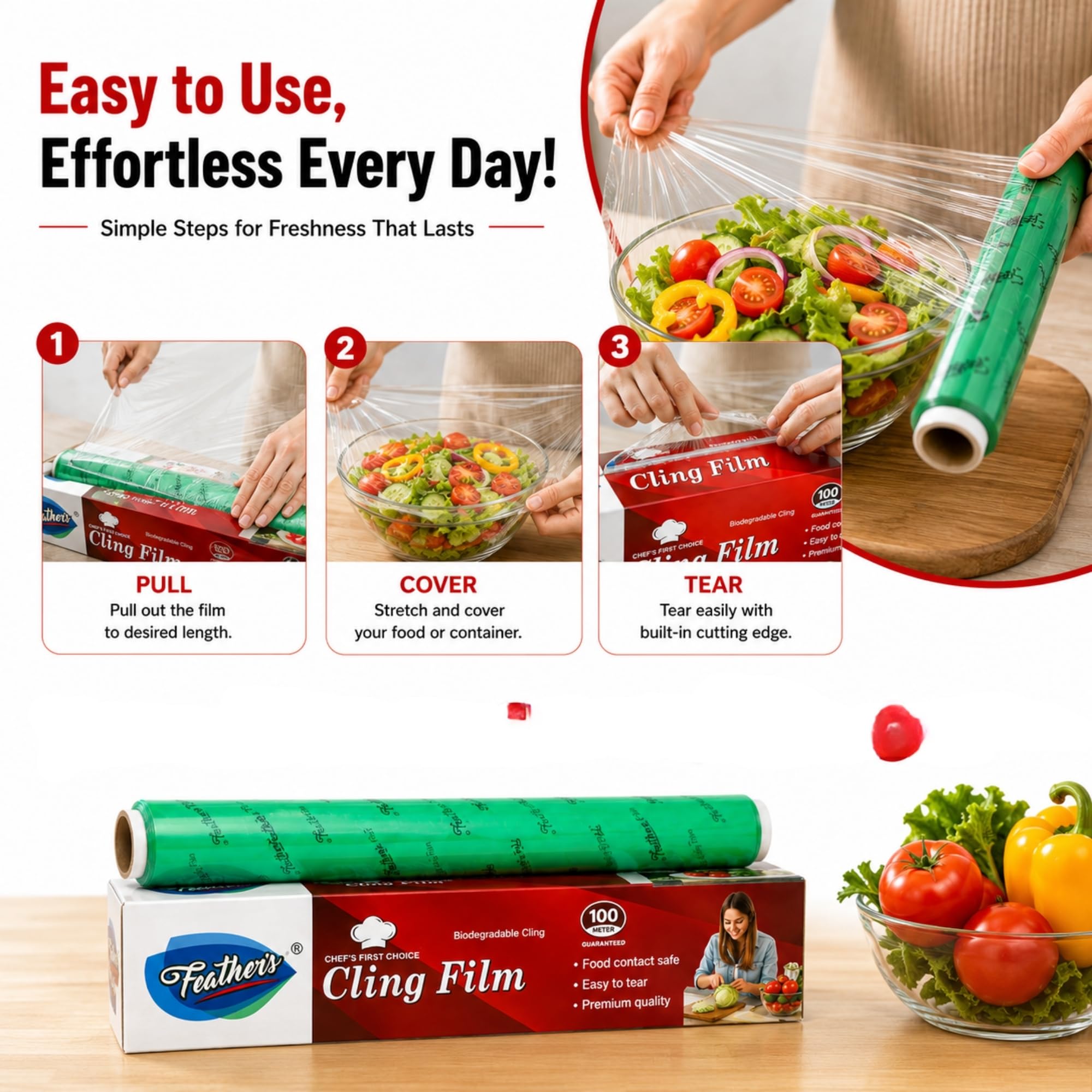 Feather’s Cling Film Wrap Food Biodegradable Multipurpose Food Wrapper Non-Stick Microwave Safe (Pack of 1, 100m) 2