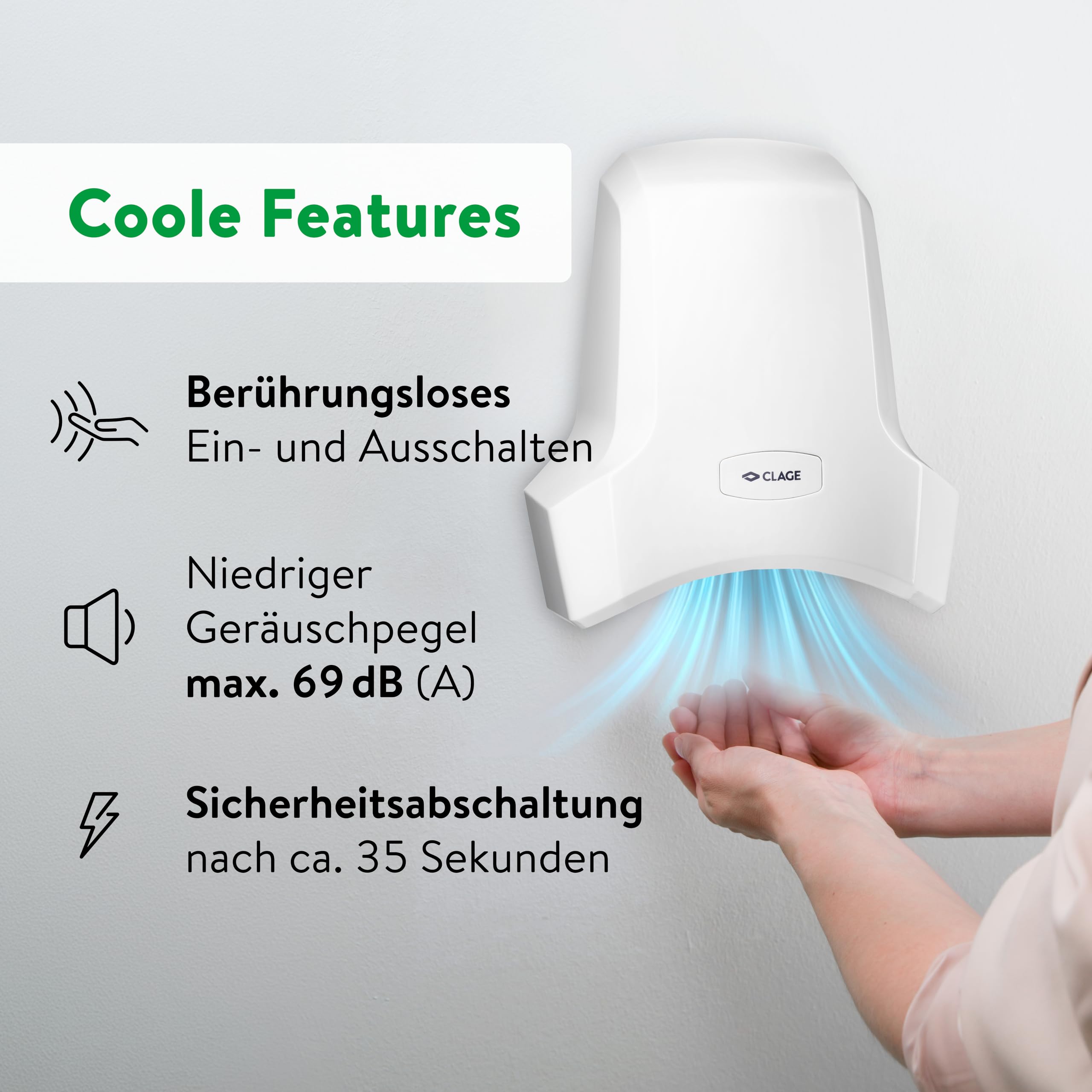 CLAGE WHT Warmlufthändetrockner – Hygienischer & energieeffizienter Händetrockner mit Warmluft – Leistungsstark, geräuscharm & langlebig – Perfekt für Büro, Gastronomie & öffentliche Bereiche