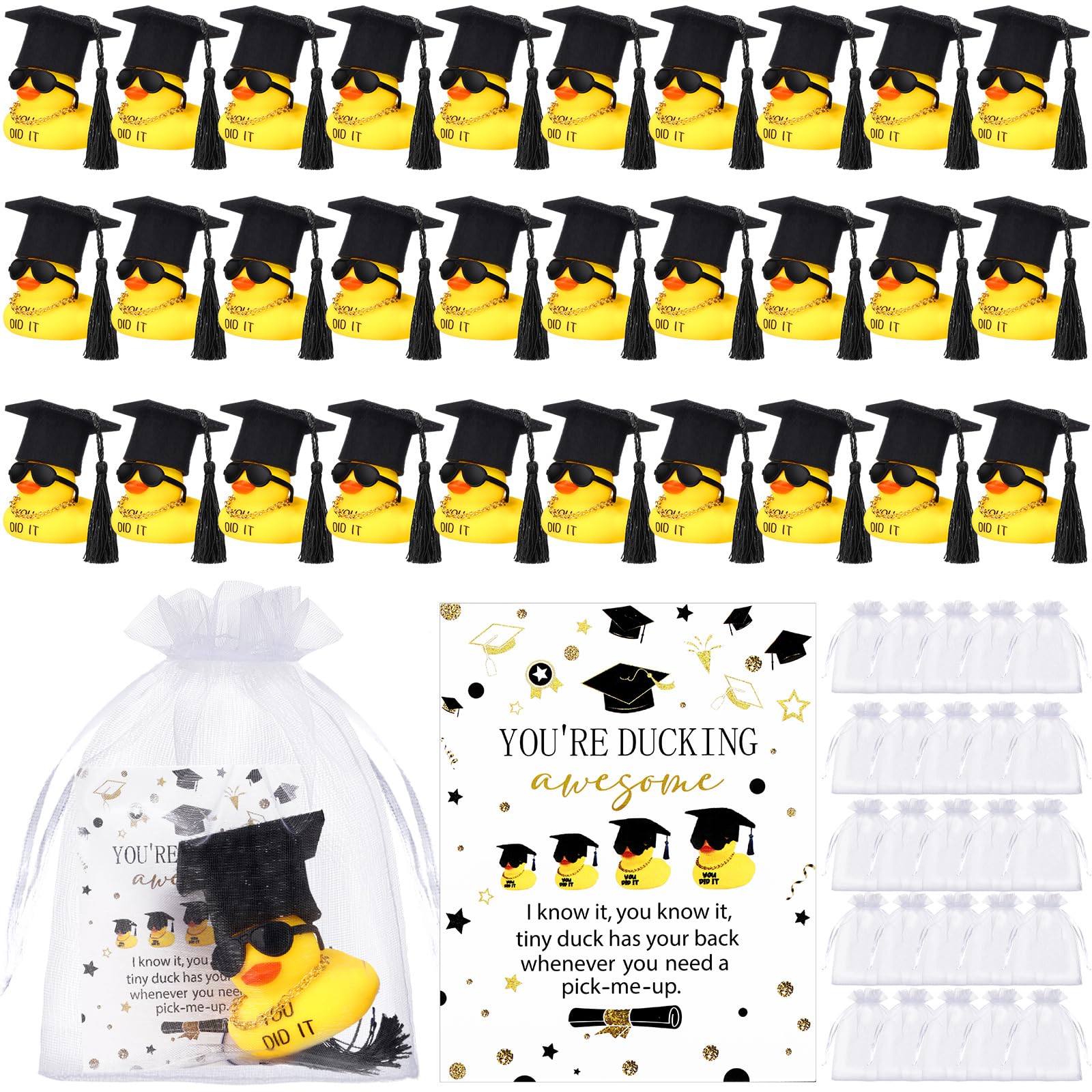 Lunmon 200 Pcs 2025 Graduation Party Favors Includes 2 Inch 50 Pcs Graduation Rubber Ducks with Necklace Sunglasses for Bath Pool 50 Pcs Card White