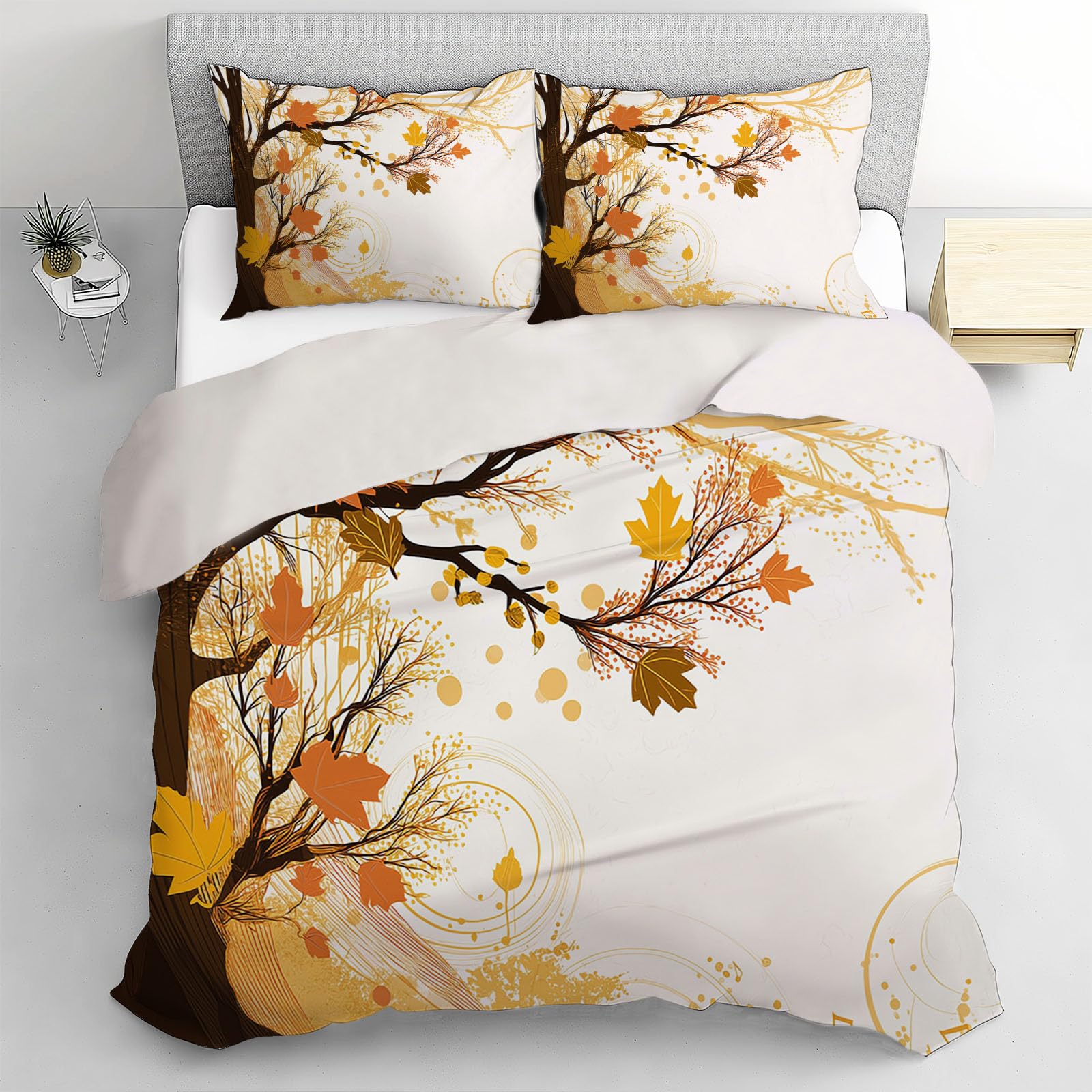 TDNEKMCA Duvet Cover Yellow Orange Bedding Set Leaves Autumn Trees Duvet Cover Pillowcase with Zipper Closure for Kids Girls Teens Adults (Single Size 135x200cm)