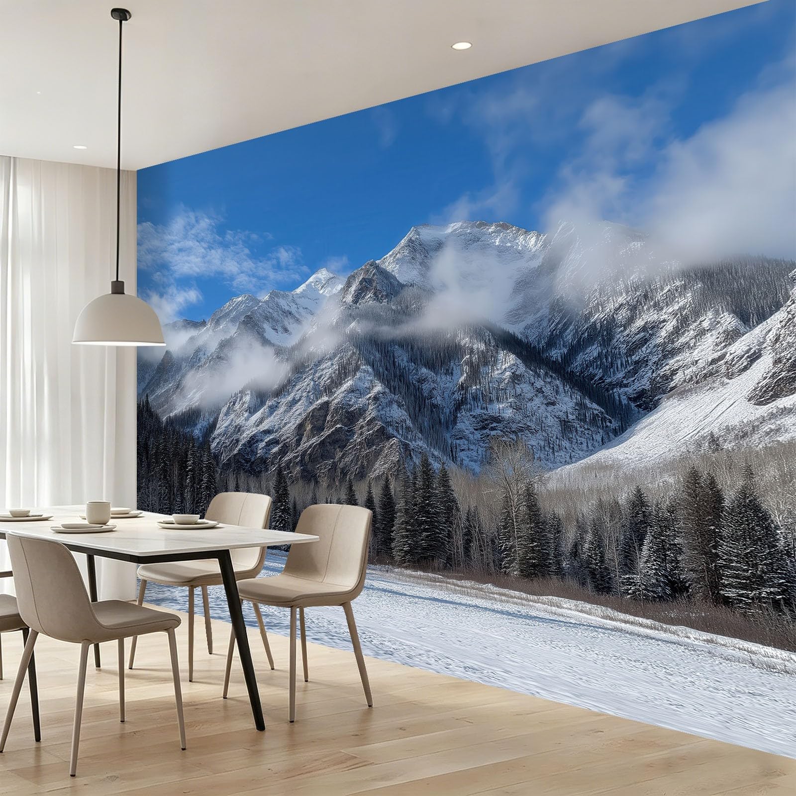 Natura, krajobraz, flizelina, fototapeta do sypialni, przy łóżku i przedpokoju, 250 x 175 cm, niewklejony efekt 3D, duży plakat fotograficzny, śnieżne góry, sosna, las mgiełka