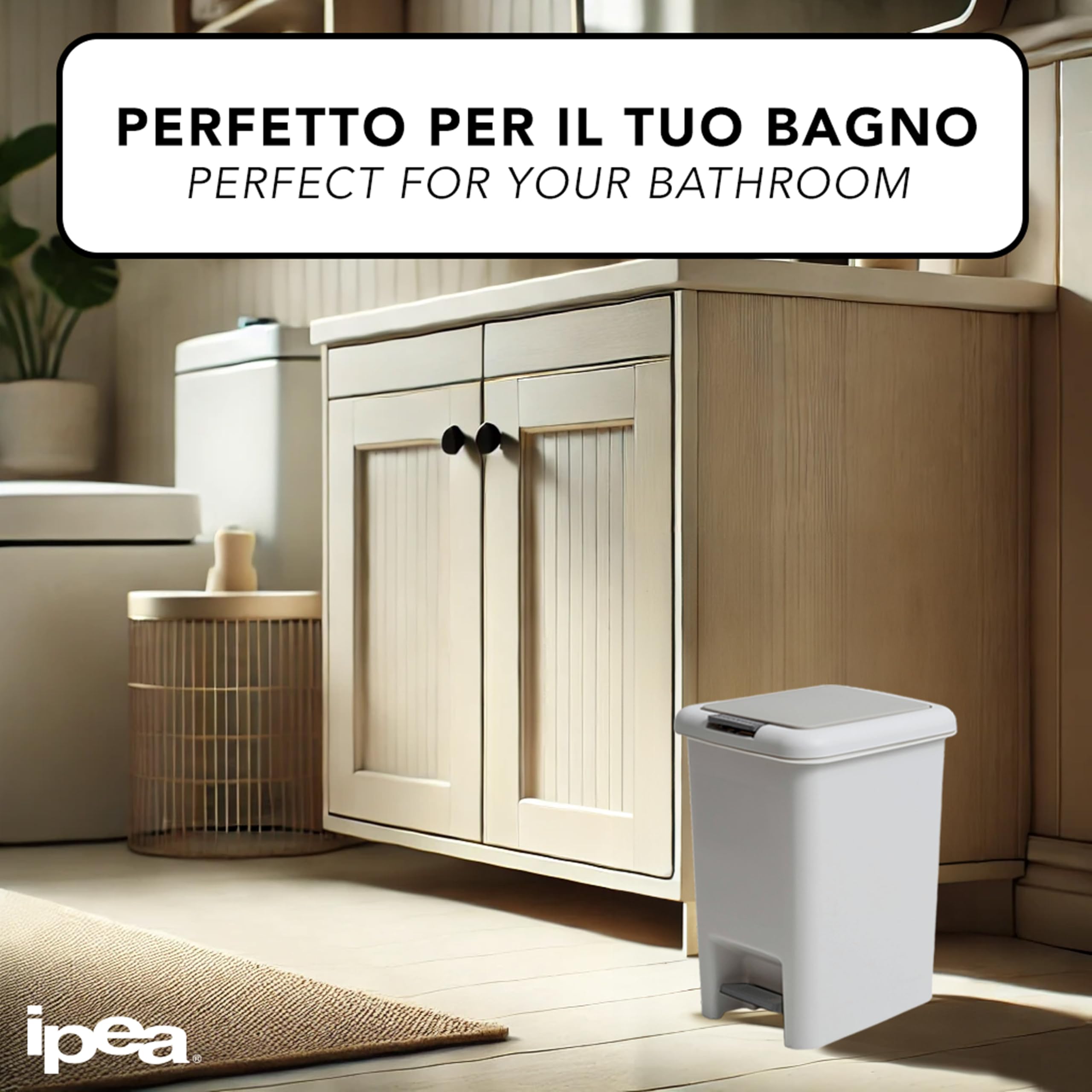 IPEA Cestino della Spazzatura in Plastica Piccolo - 6,5 Litri - Con Innovativa Doppia Apertura Pedale e Pulsante - Design Minimal ed Elegante - Pattumiera Rifiuti Casa, Cucina, Bagno - Grigio Chiaro