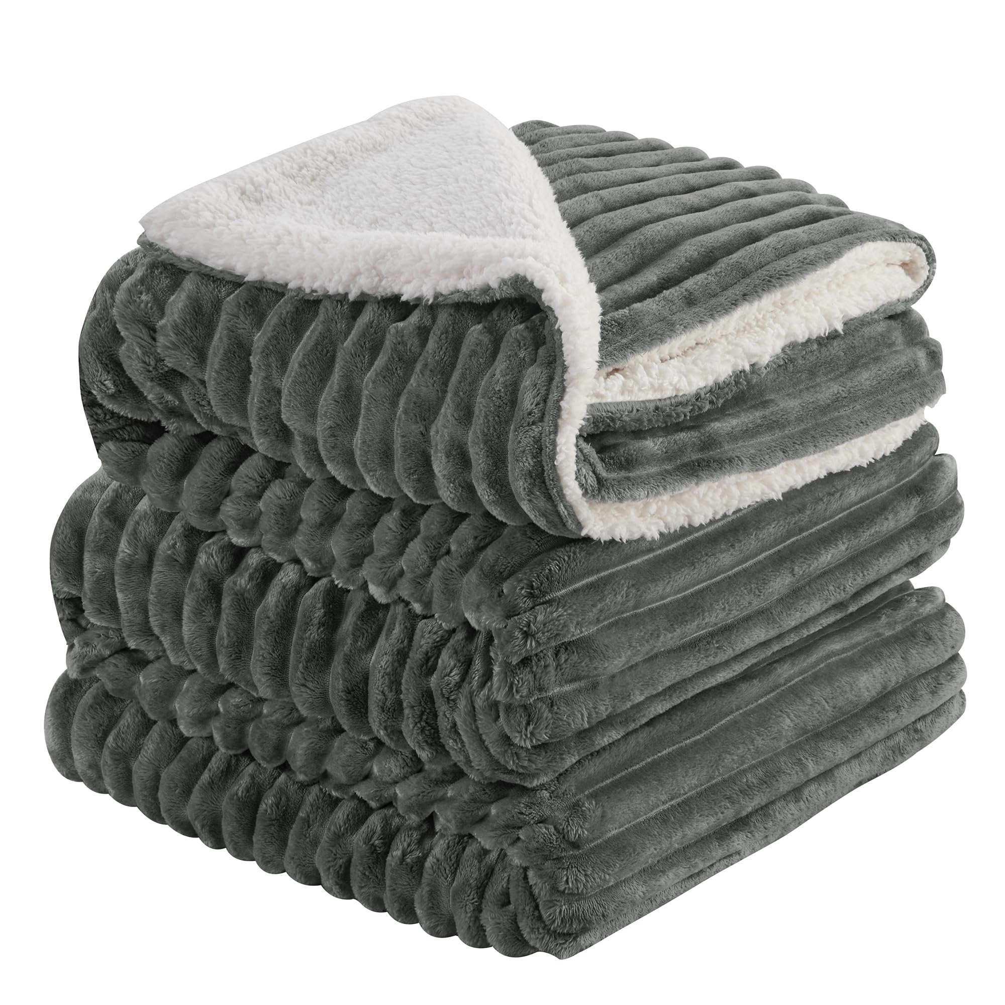 INFIIXSO Sherpa Fleece Queen Size Blanket - Super Soft & Warm Striped Fleece Blanket, Cozy Plush Fluffy Large Bed Blanket All Season Use (Grey, 90x90 Inches)