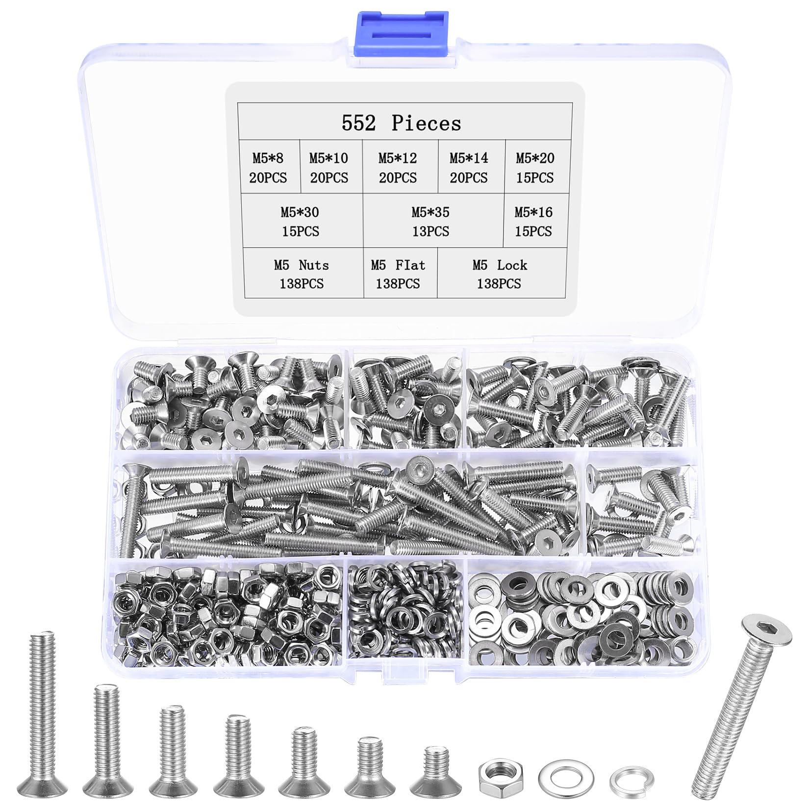552 Pcs M5 Bolts Set, M4 Countersunk Bolts and Nuts Assortment, Stainless Steel Flat Head Machine Screws Assorted, Countersunk Hex Socket Head Cap Screws Nuts Washers Set