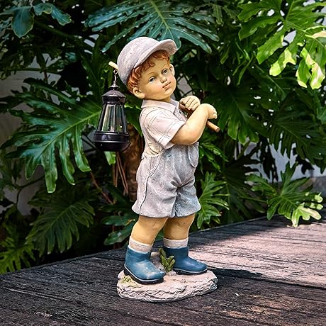 Rustic Boy Solar Statue with Lantern - Add Charm to Your Outdoor Spaces