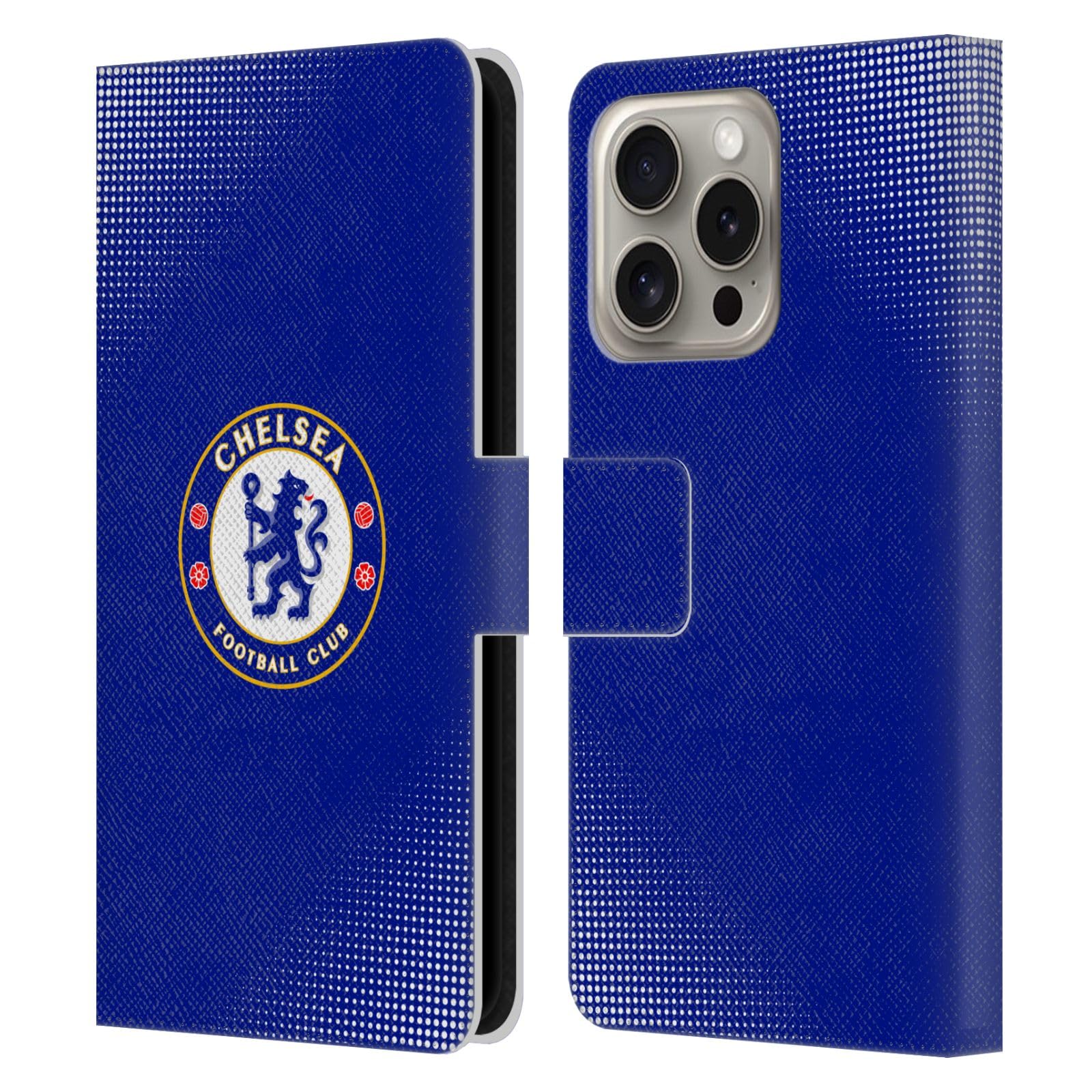 Head Case Designs Officially Licensed Chelsea Football Club Halftone Crest Leather Flip Case Compatible With Apple iPhone 16 Pro โ image 1