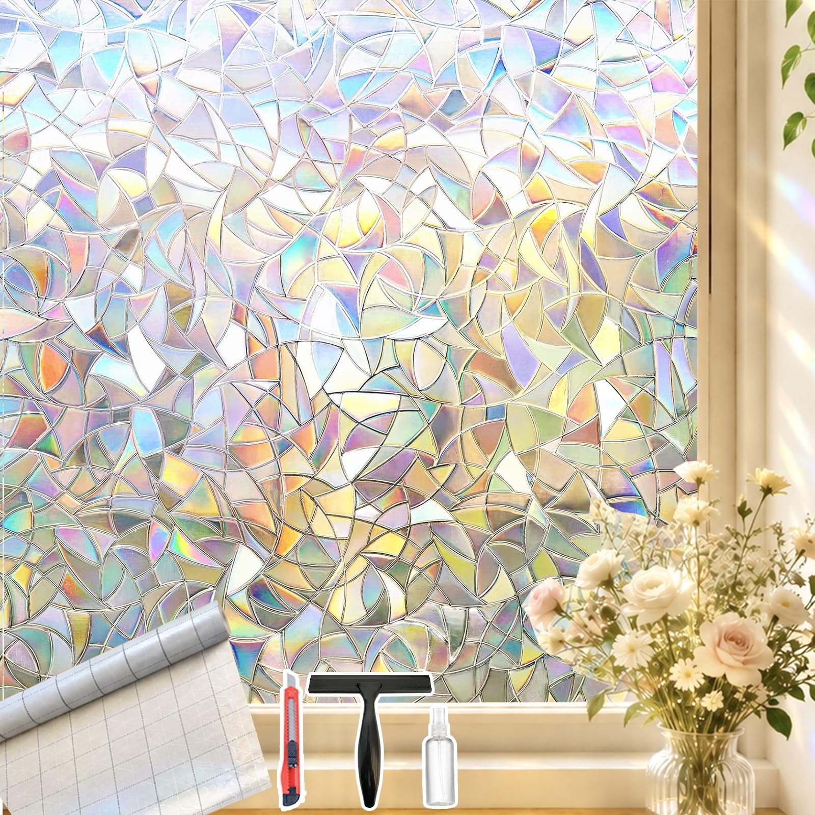 Rainbow Window Privacy Film, Stained Glass Cling, 23.6 inch * 78.7 inch