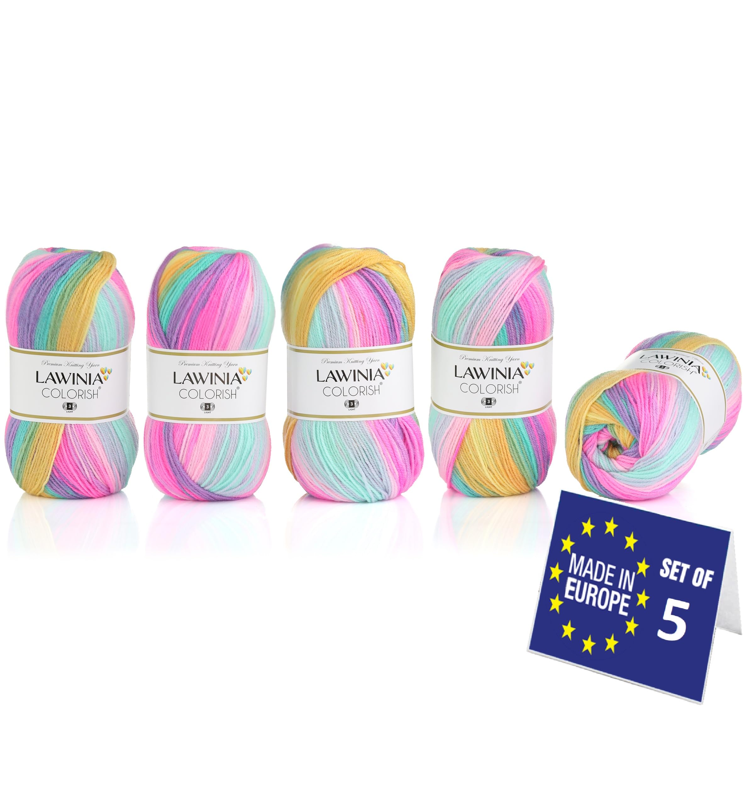 LAWINIA COLORISH Luxury Rainbow Yarn DK, Rainbow Wool for Knitting, Pack of 5 Each 100g - 350m 100% Acrylic DK Knitting Yarn, Multicoloured Wool, Ombre