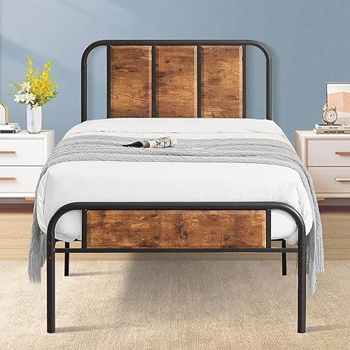 VECELO Base de cama de plataforma de tamaño individual con cabecero y estribo de madera, base de colchón de acero resistente con soporte de