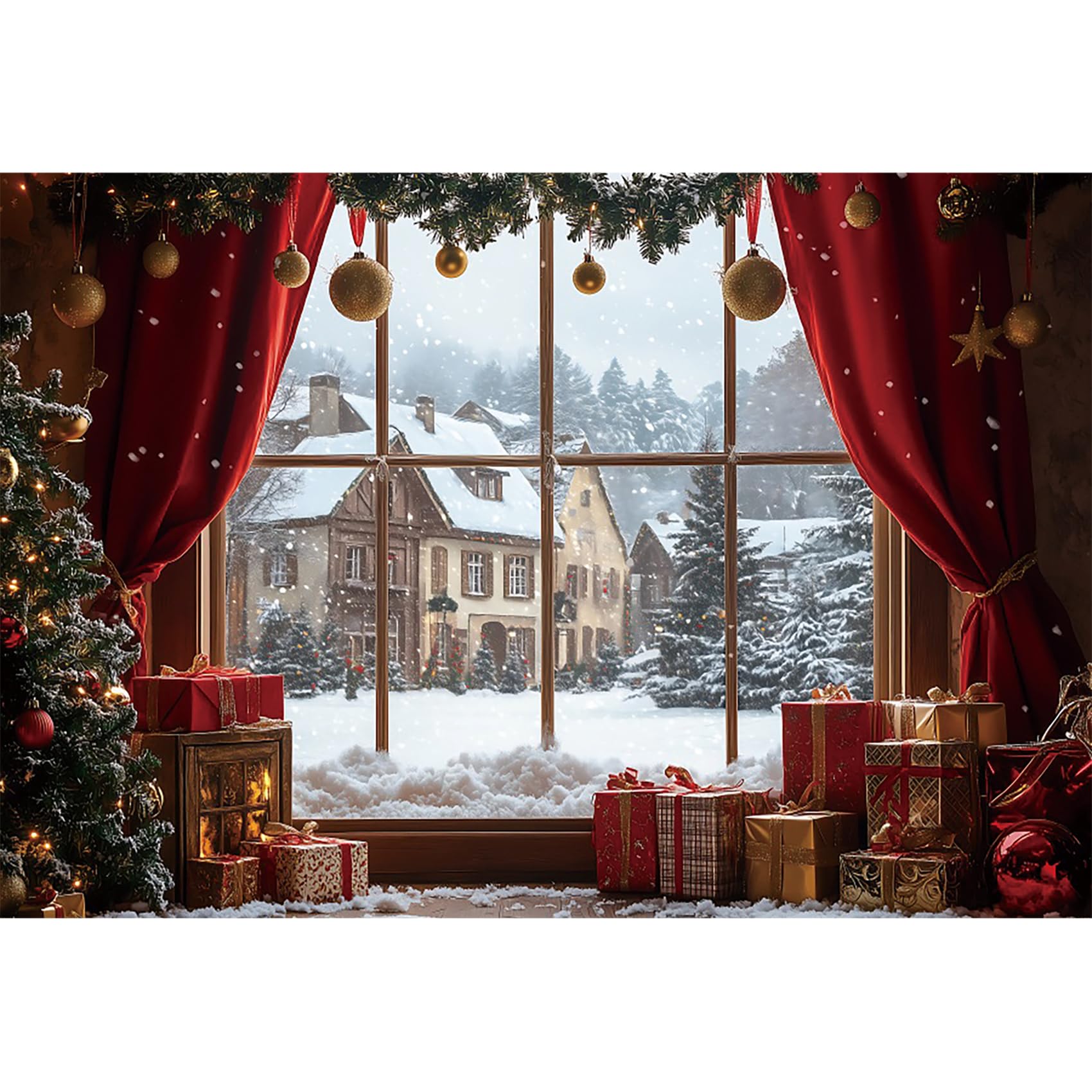 6x3m Sfondo Natalizio Finestra Invernale Scena di Neve Tenda Rossa Festa di Capodanno Sfondo Fotografico Vacanza Invernale Famiglia Vigilia di Natale Decorazione Festa Banner
