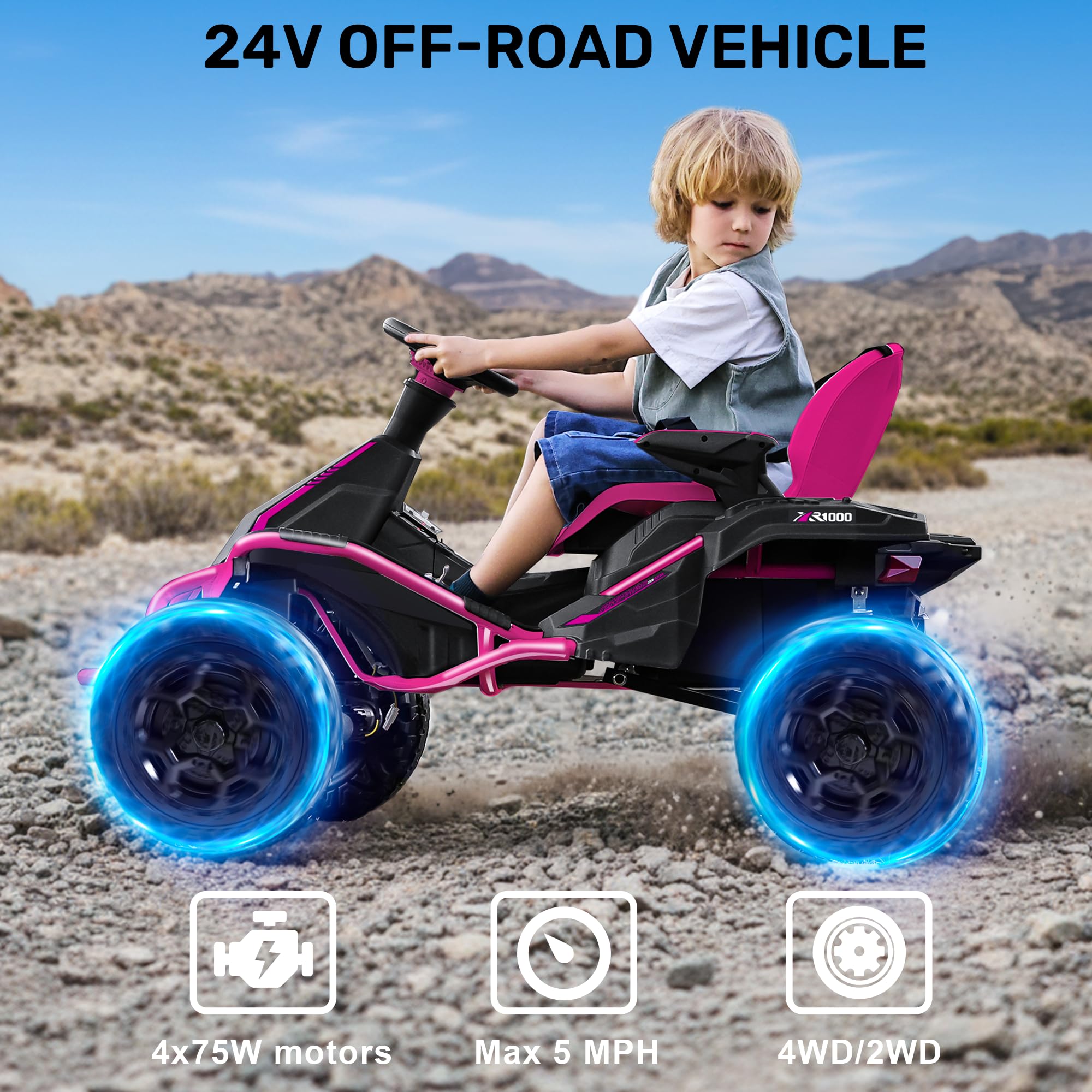 ANPABO 24V 4x4 Ride On Toys for Big Kids Aged 3-12 Rose Red-4x200W Motors, 5MPH, Wide Adjustable Seat, Parent Remote, Metal Frame, Shock Absorber, for Off-Road Ride - 3