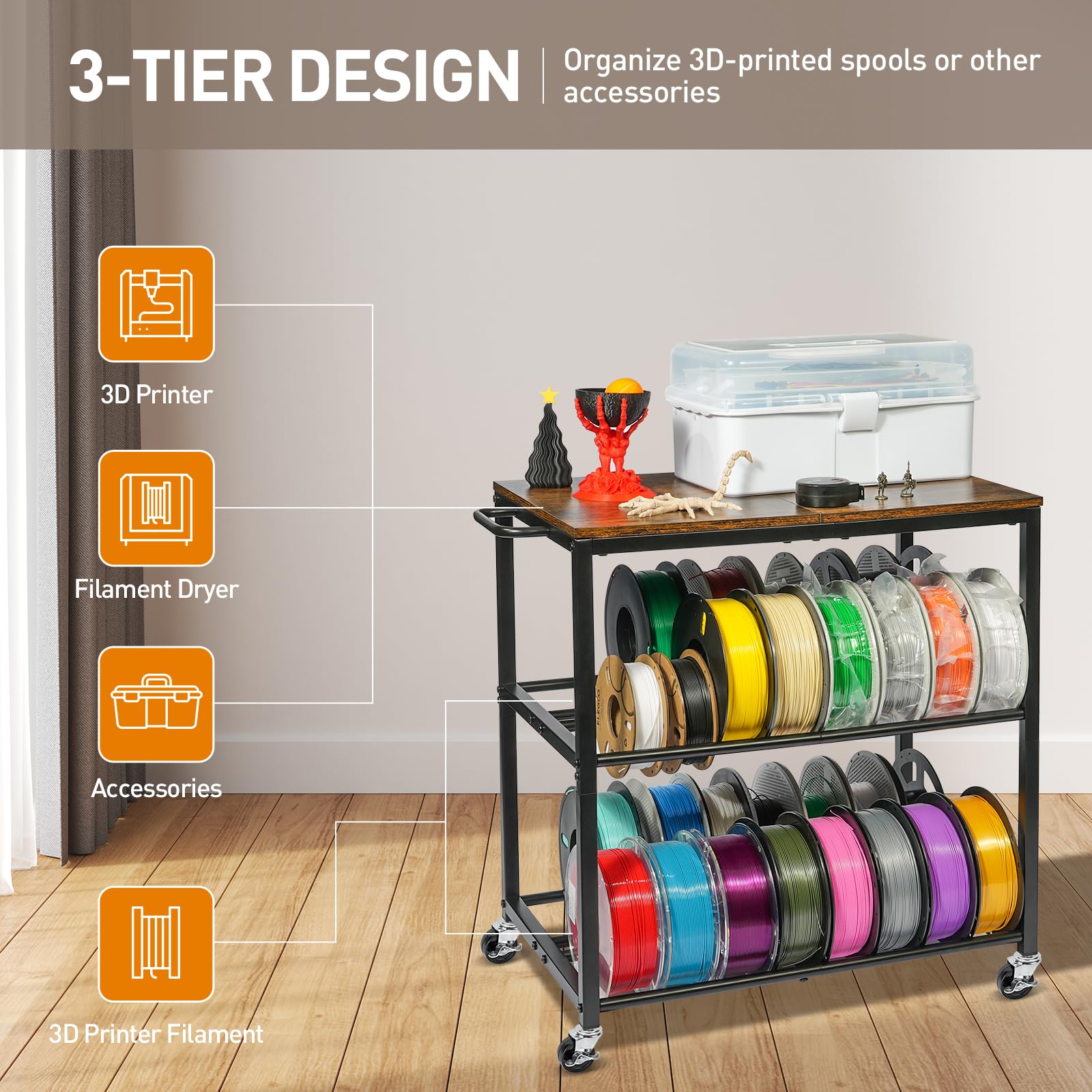 ikkle 3D-Drucker Filament Lagerregal mit Rädern – Schweres Metall Spulenhalter, 3-Etagen 3D Druckerzubehör Organizer für PLA/ABS/TPU/Nylon – Für 3D-Druckstation, Büro & Werkstatt, Braun