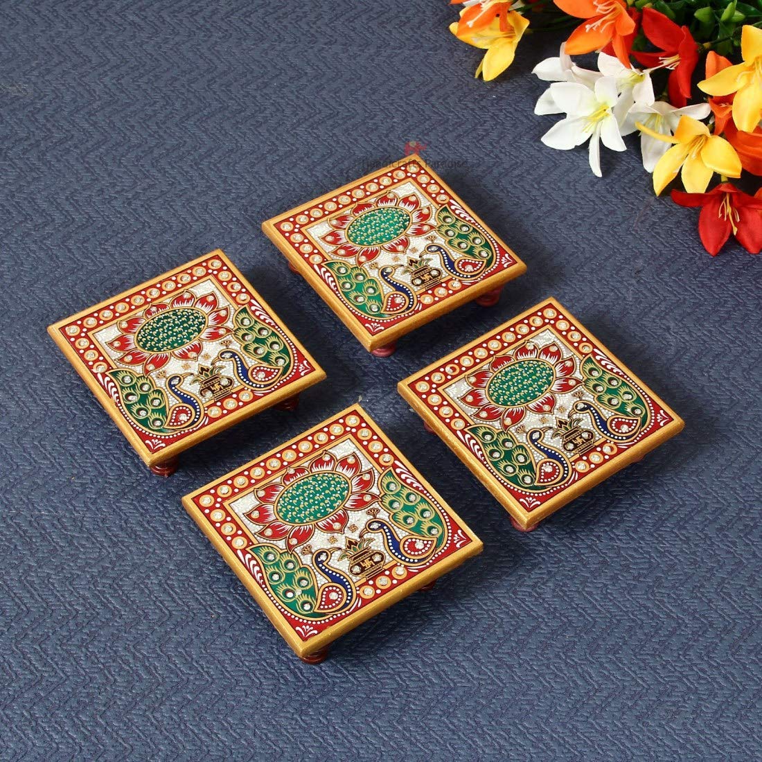 Handicrafts Paradise Marble Chowki Set of 4 pc with Peacock Design Painted