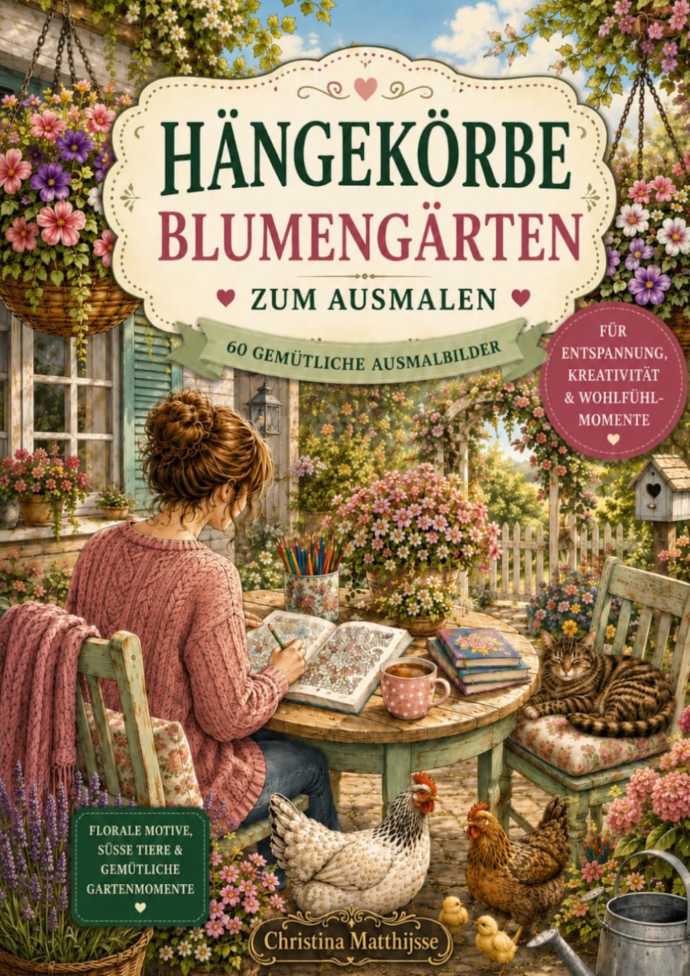 Hängekörbe Blumengärten zum Ausmalen: 60 gemütliche Ausmalbilder mit Blumen, Veranden, Cottage-Gärten, Katzen, Hunden, Hühnern und Küken