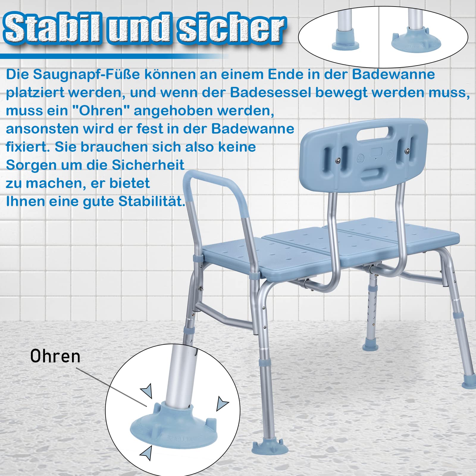 ACXIN - Sedile per vasca da bagno per anziani con manico imbottito, regolabile in altezza, sedia doccia per vasca da bagno, sgabello doccia con schienale e braccioli, antiscivolo, capacità di peso