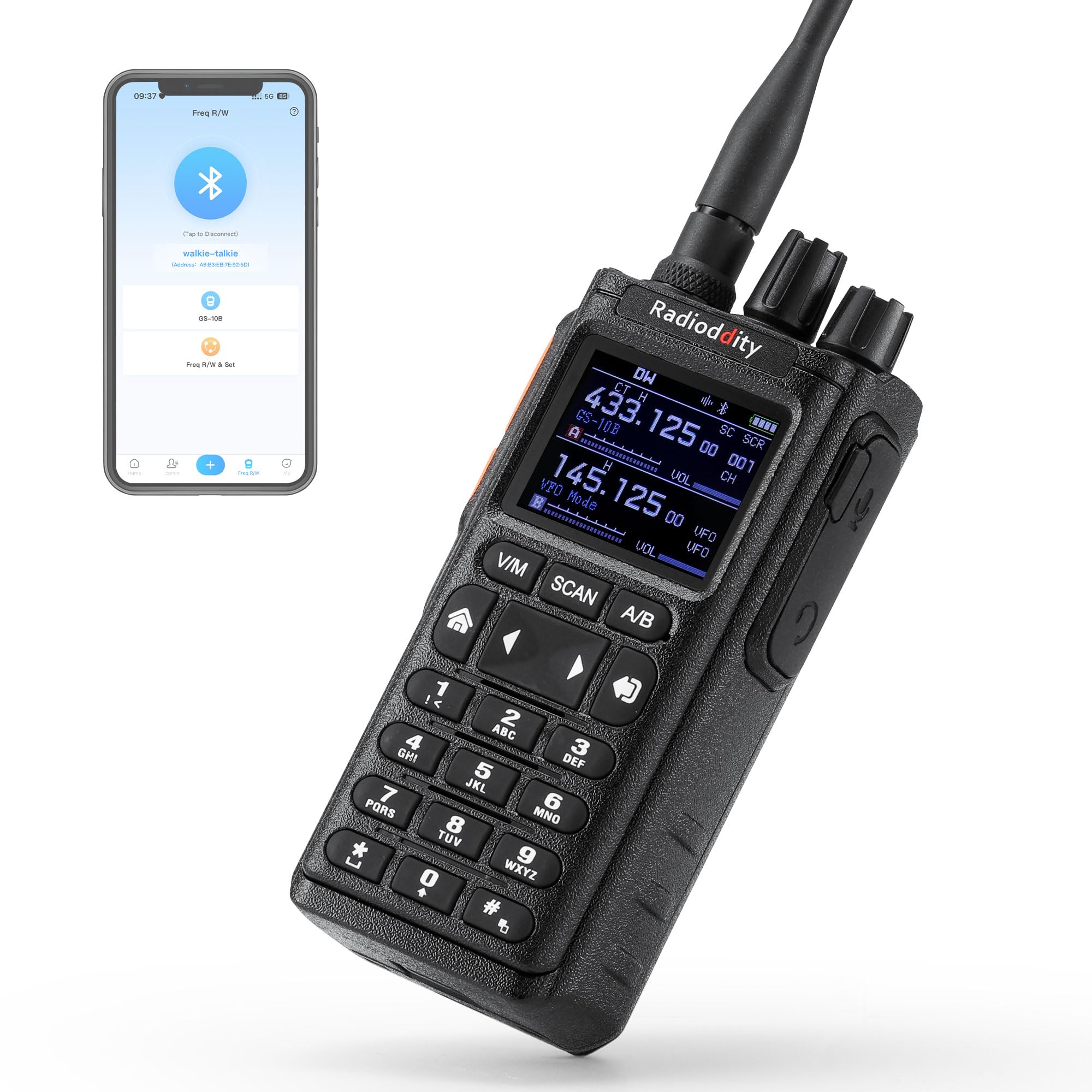 Radioddity GS-10B Radio 8W, Radio Bidirectionnelle Longue Portée avec Programmation APP sans Fil, UHF/VHF/FM Aviation, Double PTT, Batterie 2500mAh & USB-C, Réduction du Bruit, Synchro des Canaux