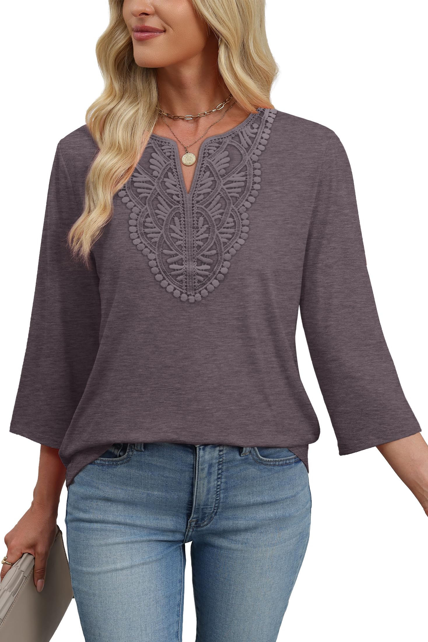 WIHOLL 3/4 Length Sleeve Womens Tops Boho V Neck Lace Shirt Trendy Blouses Dressy Casual Vacation Clothes S-3XL - 4