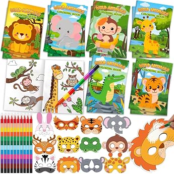 Toyssa Jungle Animals Party Bag Children's Birthday Party Favors with Coloring Book Mask Gift Bags Coloring Pencil Jungle Animals Give Aways Gift Children's Birthday Party for Children Boys Girls
