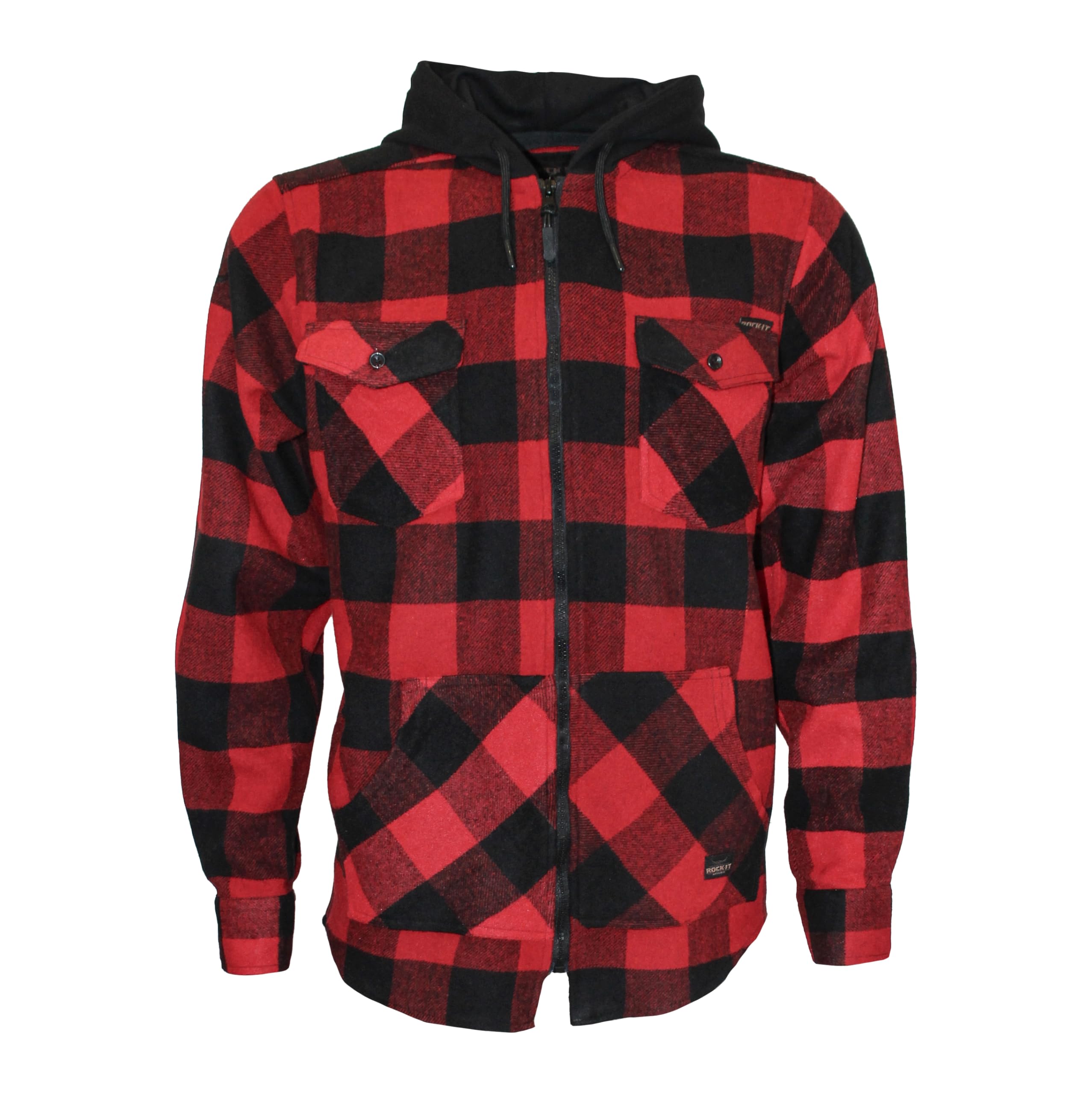 ROCK-IT Apparel Hombre Camisa de Franela de Manga Larga a Cuadros con Capucha I Camisa de Leñador con Bolsillo Delantero y Cremallera [Tallas S-5XL]