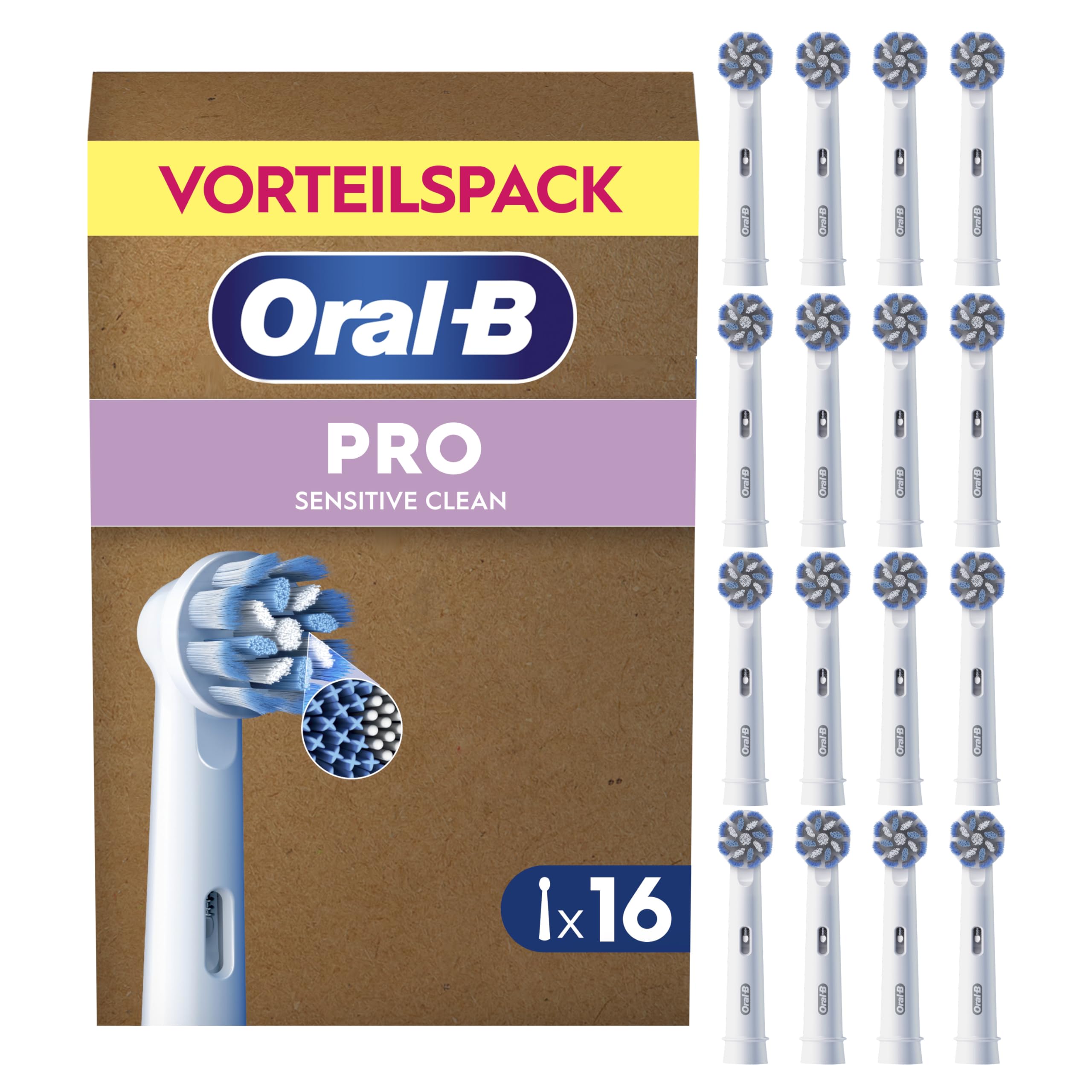 Oral-B Pro Aufsteckbürsten Sensitive Clean, Weiß, 16 Stück - Original Zahnbürstenaufsatz für Elektrische Zahnbürste, Sanfte Zahnreinigung, Zahnbürstenköpfe mit X-Borsten | Original Zahnbürstenaufsatz für Elektrische Zahnbürste, Sanfte Und Effektive Zahnre