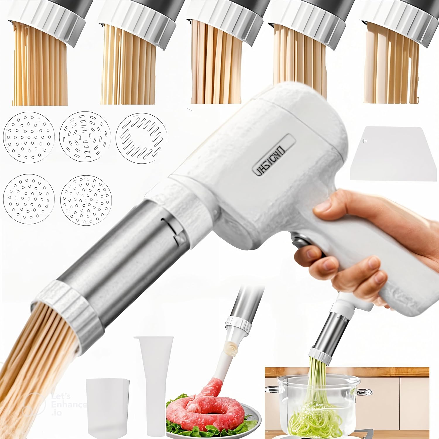 5-in-1 Cordless Electric Pasta Maker – Handheld Noodle Machine with Rechargeable Battery, Stainless Steel Tube, Bonus Cutter & Measuring Cup – Spaghetti, Fettuccine, Linguine, Angel Hair, Square Pasta