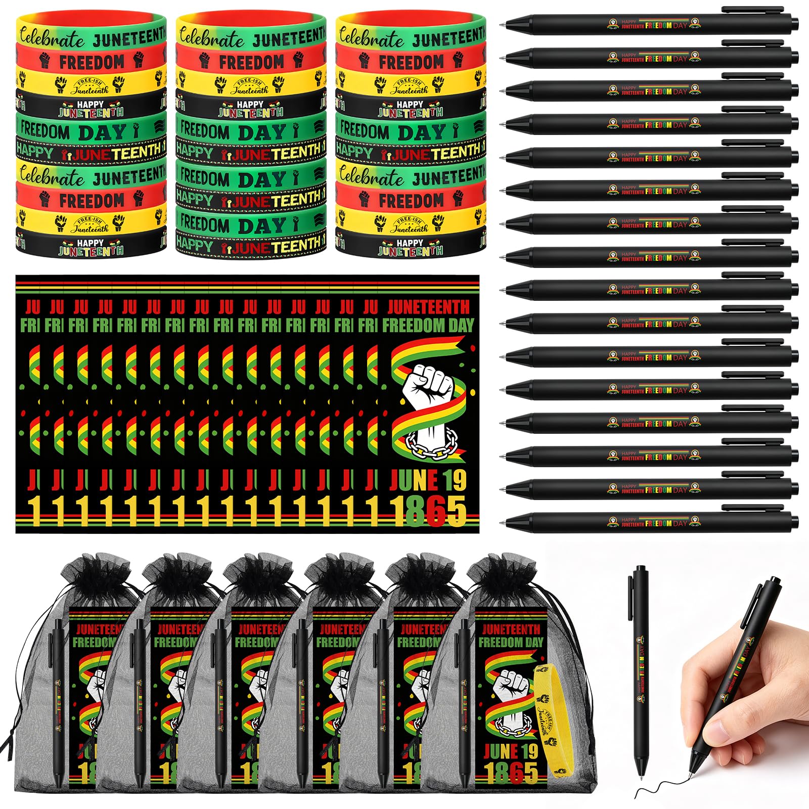 Photo 1 of 120 Pcs Juneteenth Gifts Bulk Juneteenth Party Favors Include 30 Ballpoint Pens 30 Bookmarks 30 Silicone Bracelets 30 Organza Bags for African American Juneteenth Freedom Day Office Supplies