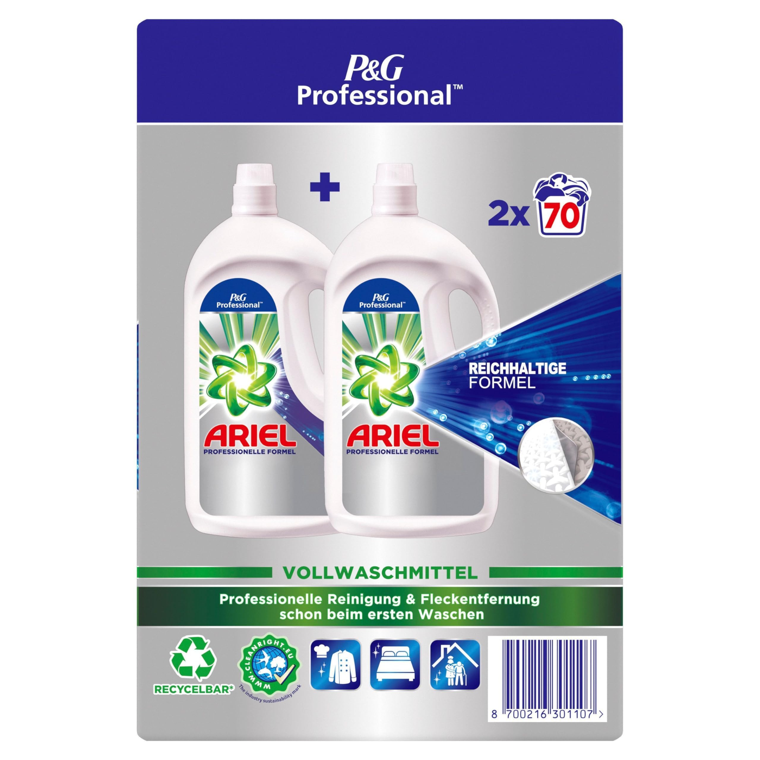 Ariel Professional Flüssig Regulär Vollwaschmittel, 140 Waschladungen, 7 L (2 x 3.5 L), professionelle Formel für den professionellen Einsatz, Fleckentfernung schon ab der ersten Wäsche