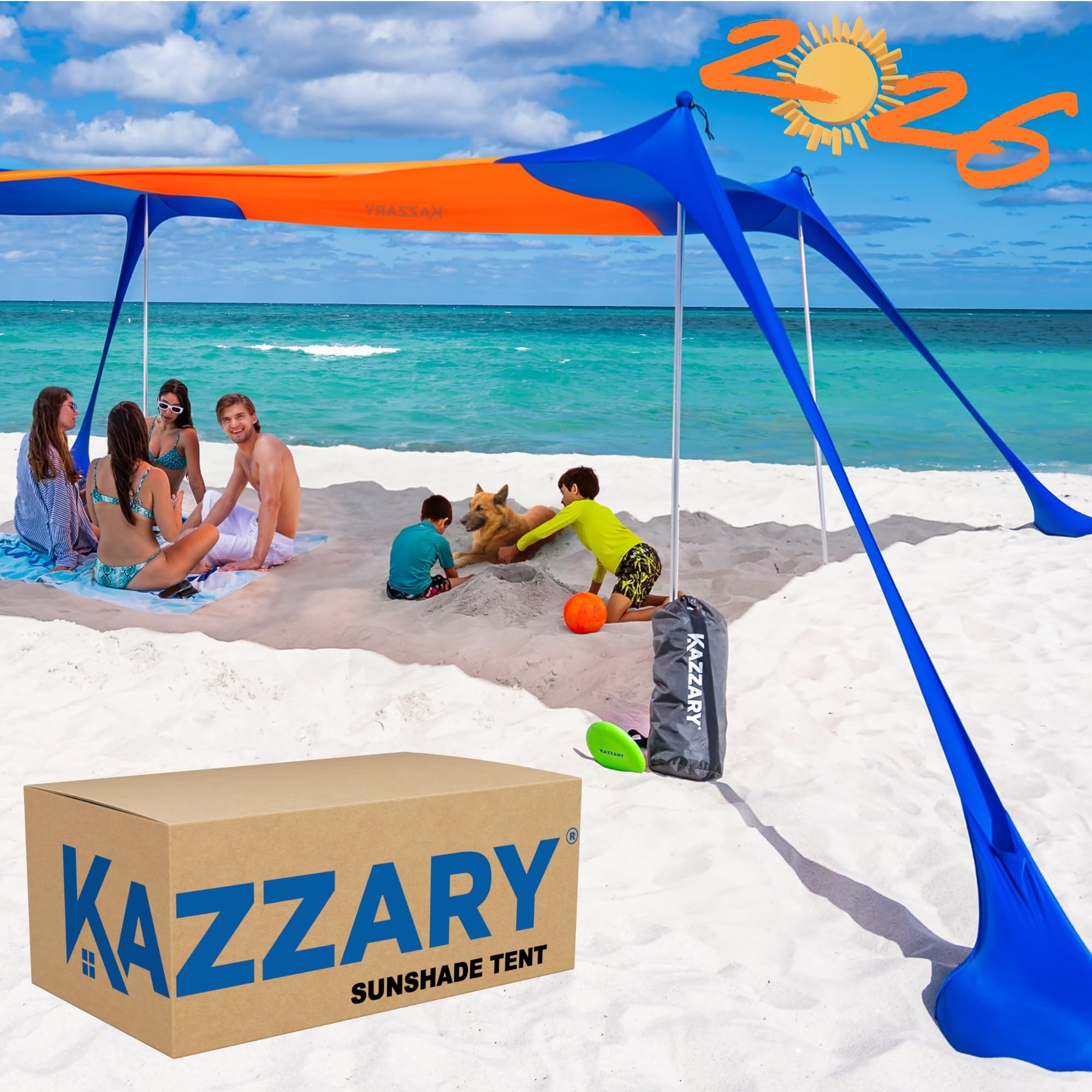 KAZZARY Beach Tent UPF50+ Sun Shade Canopy with Sandbags, 4 Stability Poles, Ground Pegs, Flying Disc Sand Shovel, Lightweight Sunshade Shelter, 7ft Tall for Outdoor Trips, Camping and Sports