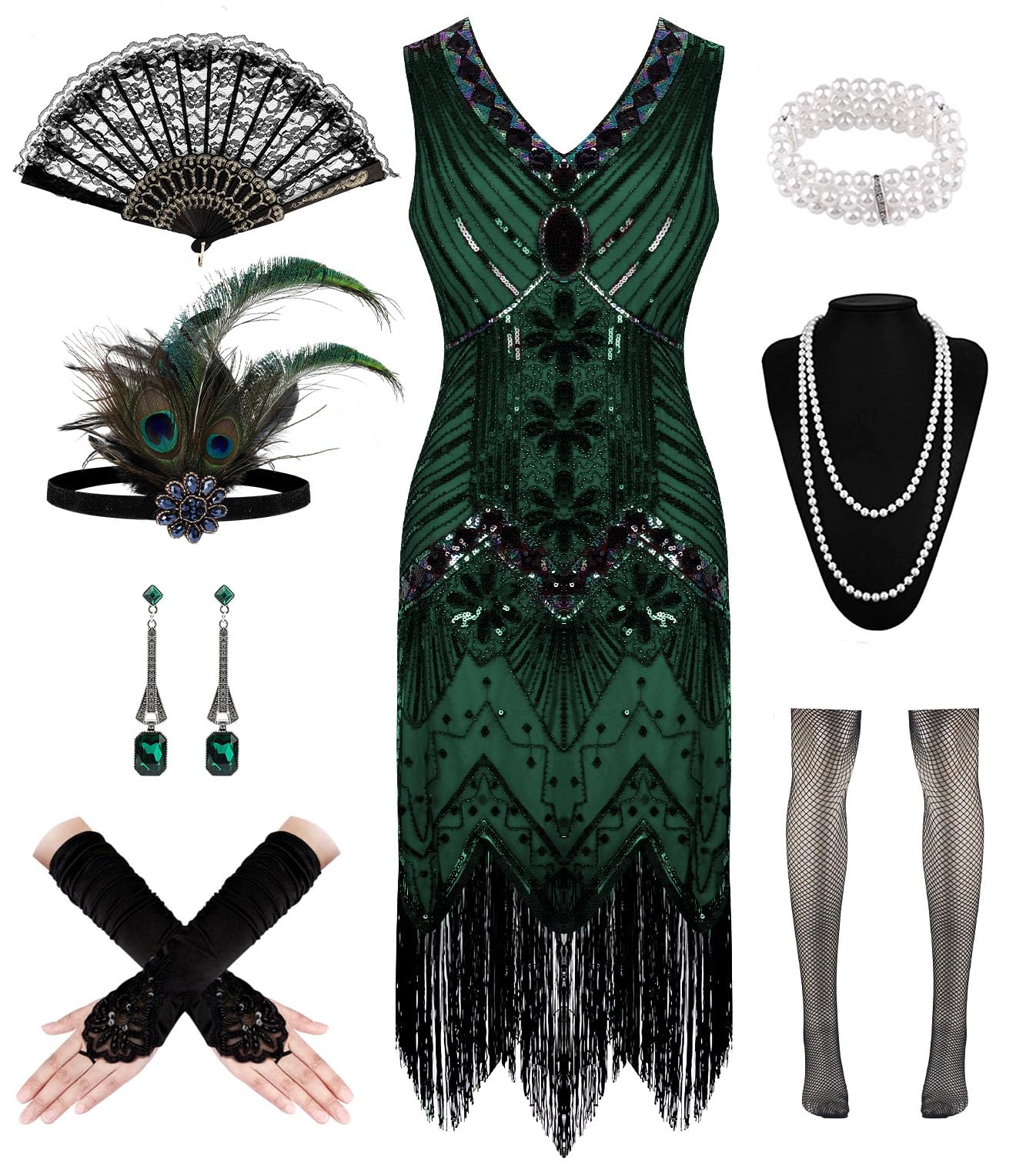 1920s Dresses for Women, Flapper Dress Lace Fan Feather Headband Sequins Beads Fringes 20s Accessories Vintage Mafia Costume