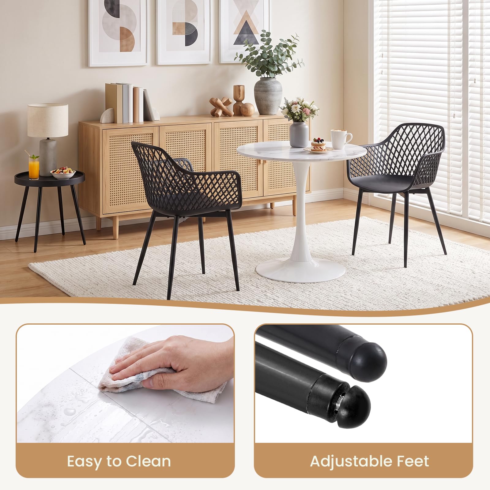 Tavolo bistrot con 2 sedie, piccolo tavolo da pranzo con 2 sedie | Set tavolo e sedie per sala da pranzo: 2 poltroncine nere + 1 tavolino + 1 tavolo effetto marmo – ⌀ 80 cm