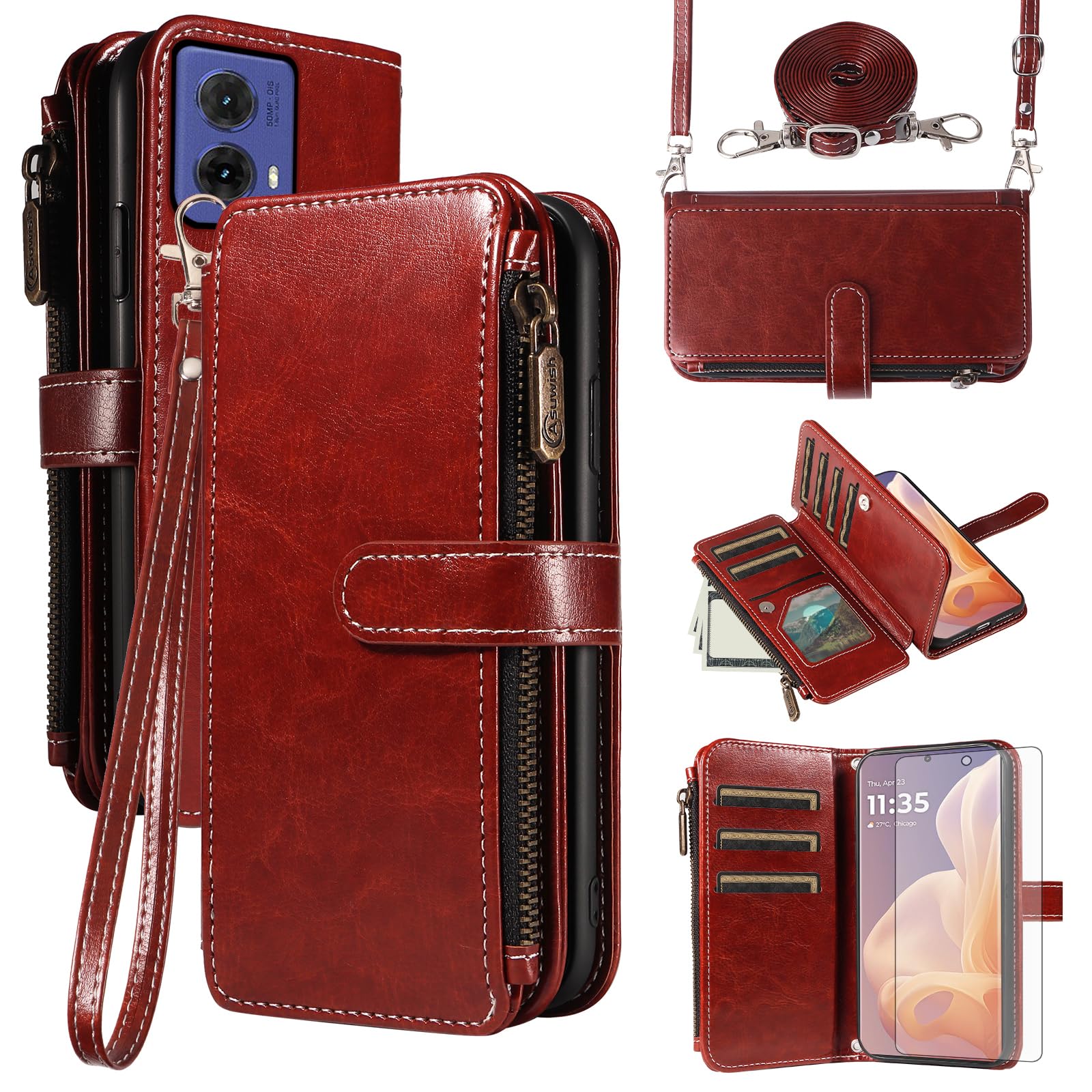 Asuwish Handyhülle für Motorola Moto G85 5G Hülle mit Band Folie Schutzfolie Kartenfach Klappbar Leder Geldbörse Ständer G 85 Handy Hüllen Schutzhülle Reißverschluss Handyhüllen Phone Case Braun