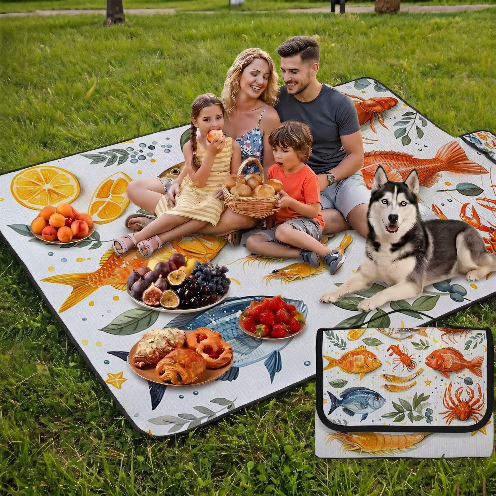Grande Coperta de Picnic 200x300 cm, Pesce Manta Picnic Impermeable Anti-Sabbia Manta de Playa Pieghevole, Outdoor Picnic Blanket per Spiaggia, Camping, Giardino, Trekking - gamberetti FZ-97