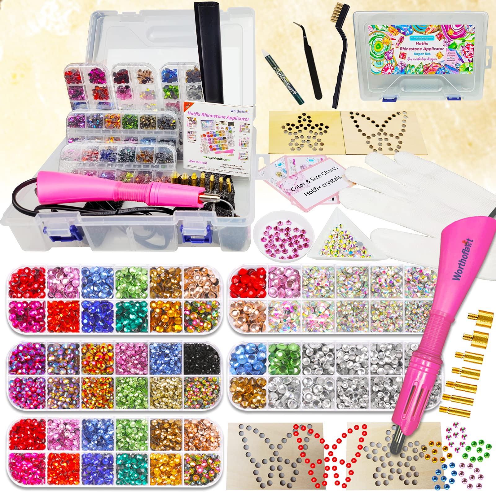 Hotfix Applicator Rhinestone, Larger Hot Fixed Rhinestones Applicator Tool Pen Kit, Bedazzler Kit with Rhinestones for Clothes Crafts, 19 Color Gems Crystals, 7 Tips, Templates, 30/20/16/10SS w/Case -