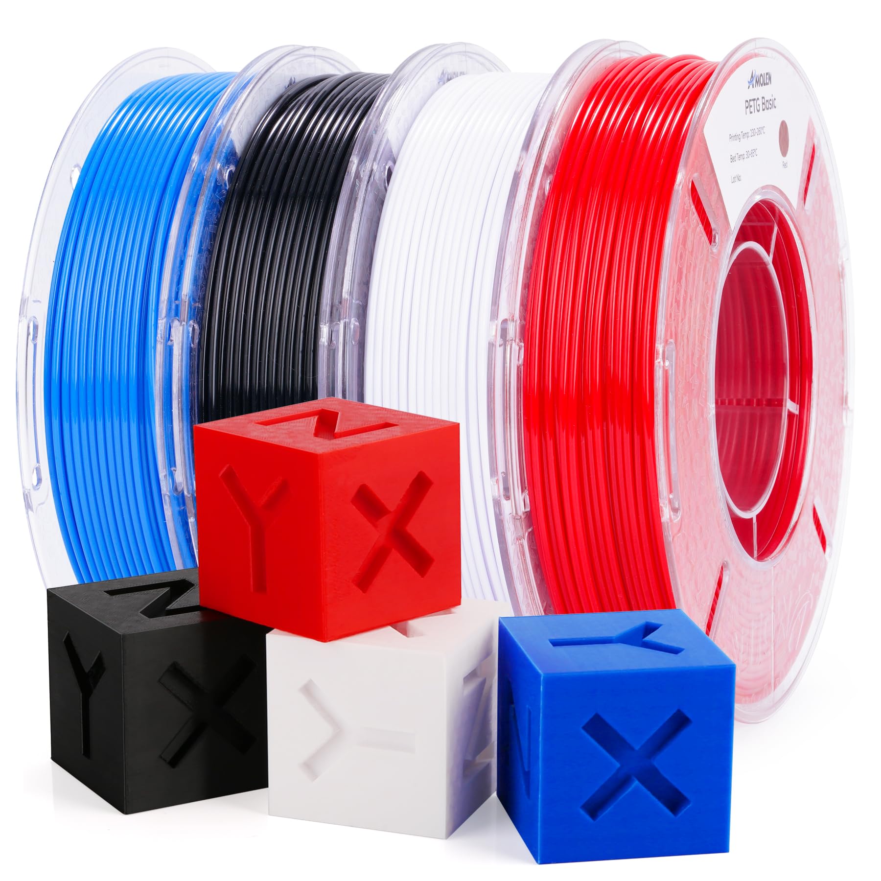 AMOLEN PETG Filament 1.75mm,PETG 3D Printer Filament Bundle,Black,White,Red,Blue Filament,3D Printing Filament Bundle,250g X 4 Spools 4 Colors Multi Color Bundle