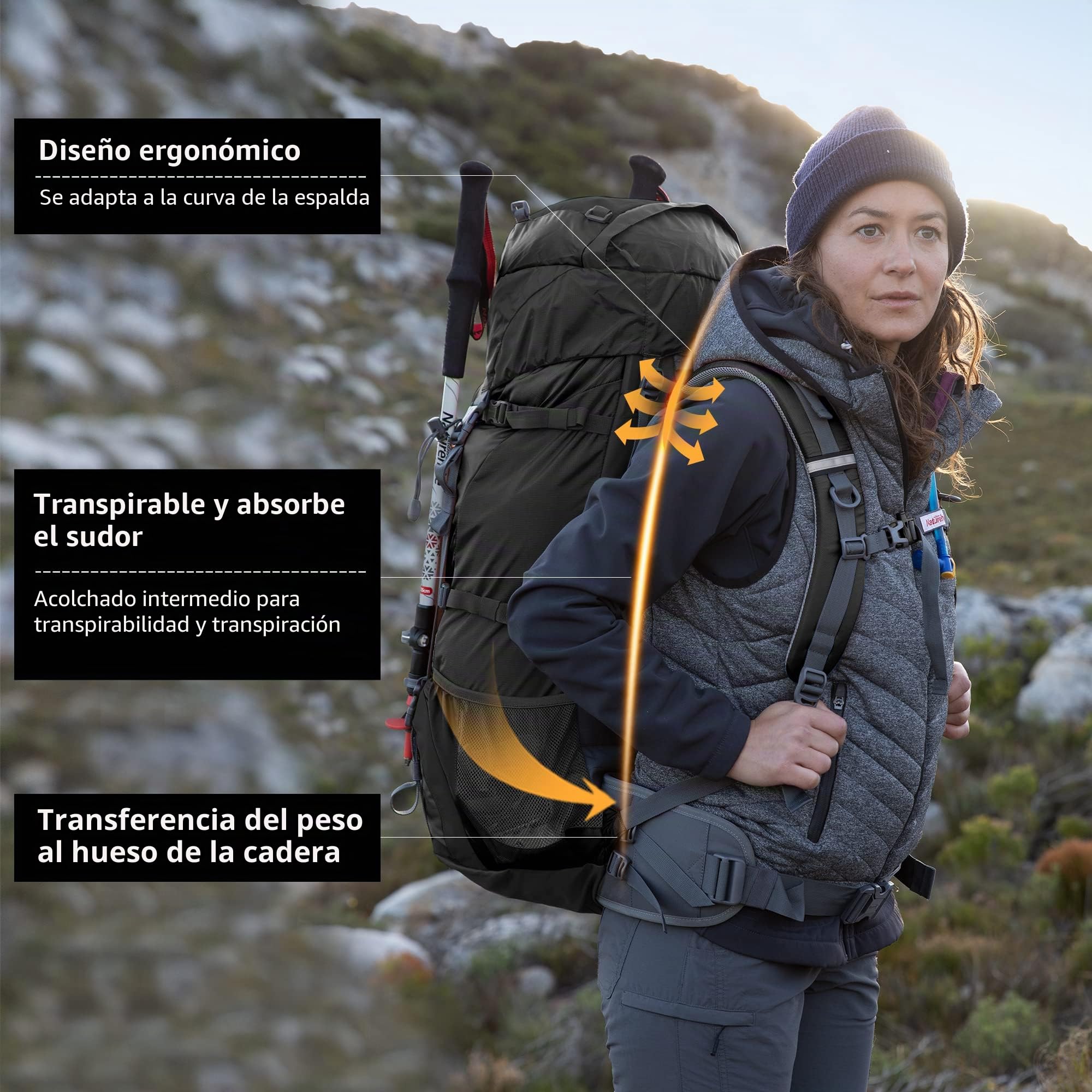 Naturehike Mochila de Senderismo 70L Hombres Mujeres Trekking Mochila Ultraligero Impermeable Mochila Grande Mochila de Viaje con Raincover para al Aire Libre, Montañismo,Camping (Negro)