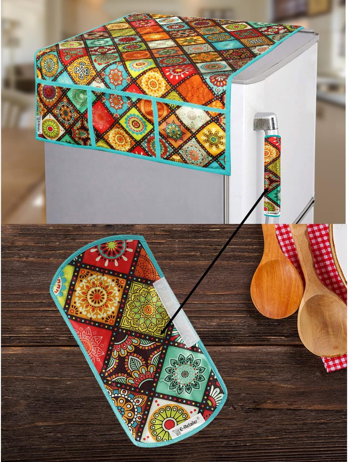 E-Retailer® Polyester 3-Layered Digital Printed Fridge Top Cover/Refrigerator Cover With 6 Utility Pockets and 1 Pc. Handle Cover (Color-Multi, Size-39x21 Inches)