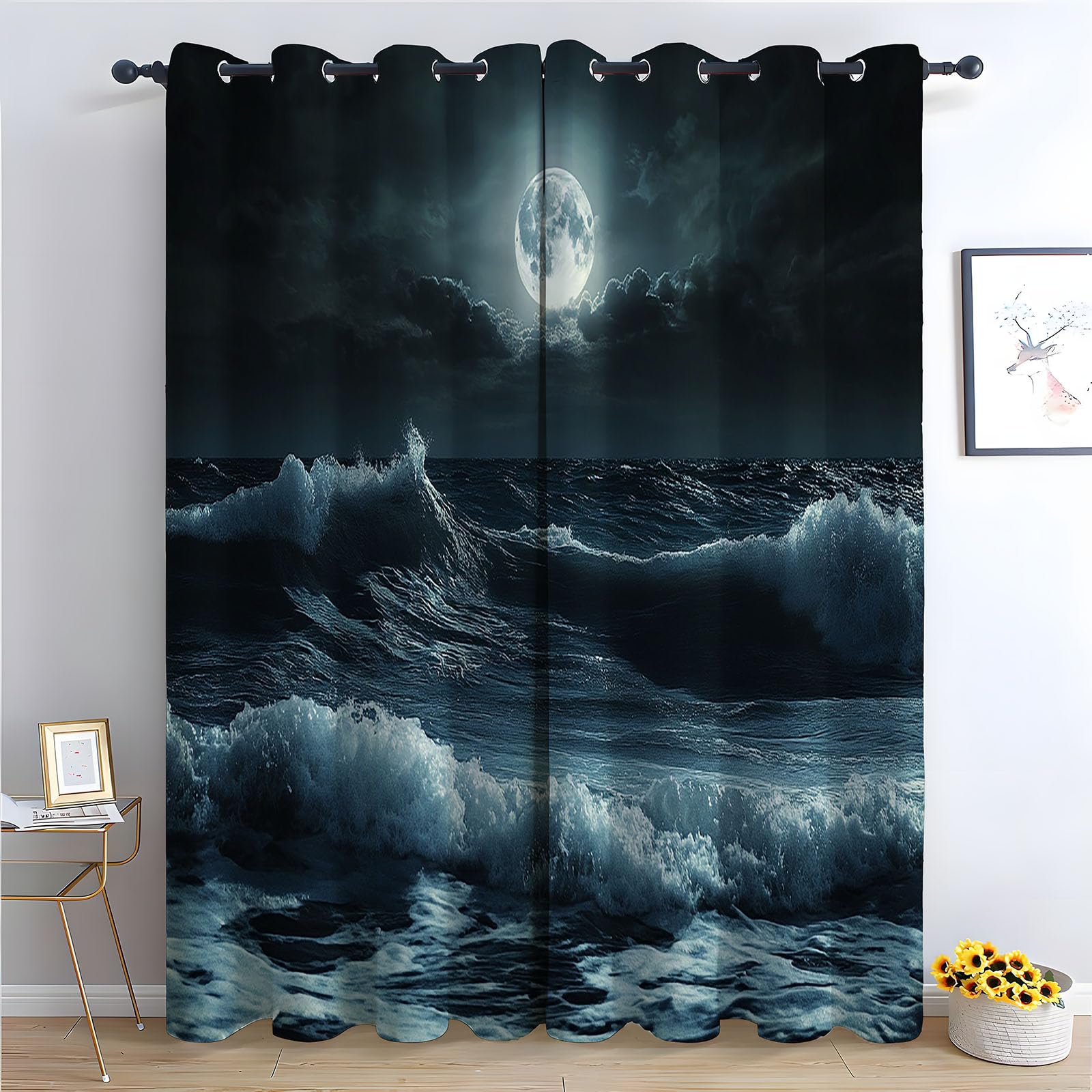 WIKEO Floral Blackout Curtains for Living Room Bedroom Abstract Seascape At Night Eyelet Curtain Botanical Thermal Insulated Noise Reducing Drapes Window Treatment-52 W x 96" L (Pack of 2)