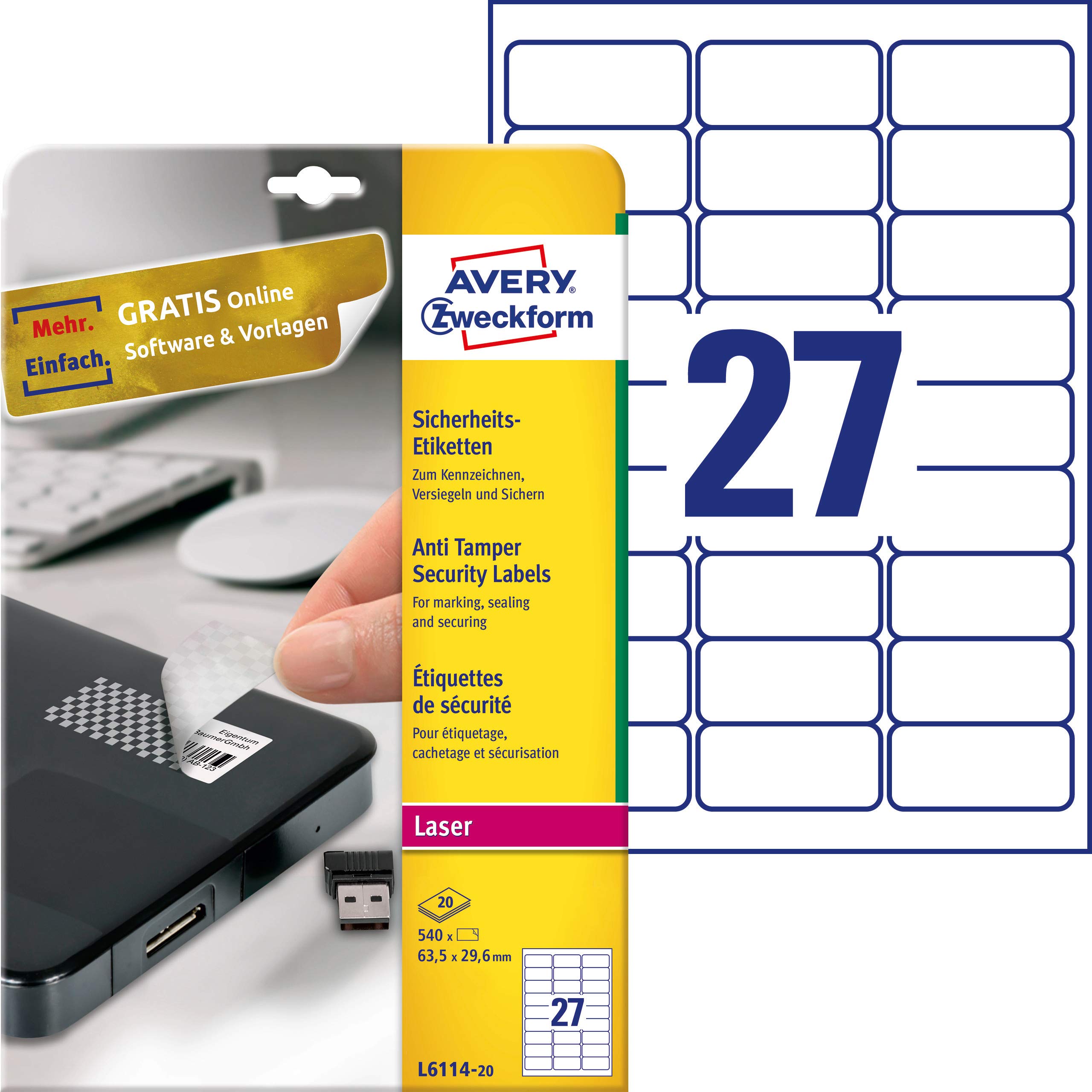 AVERY ZweckformL6114-20 Anti-Tamper Security Labels 20 Sheets / 540 Labels / 63.5 x 29.6 mm White