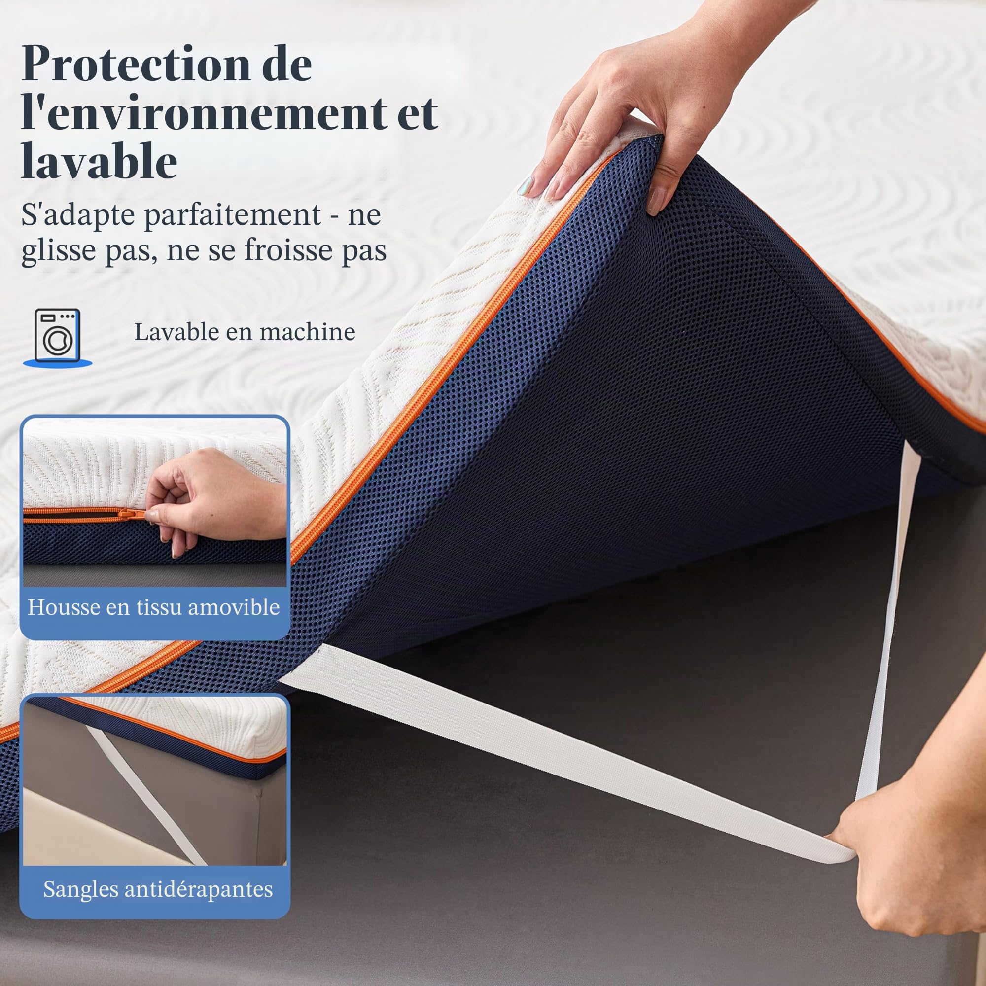 Surmatelas Mémoire de Forme 140x200cm – 7.5CM Gel Infusé, Mousse Haute Densité, Surmatelas Ergonomique Respirant avec Housse Hypoallergénique Amovible et Lavable