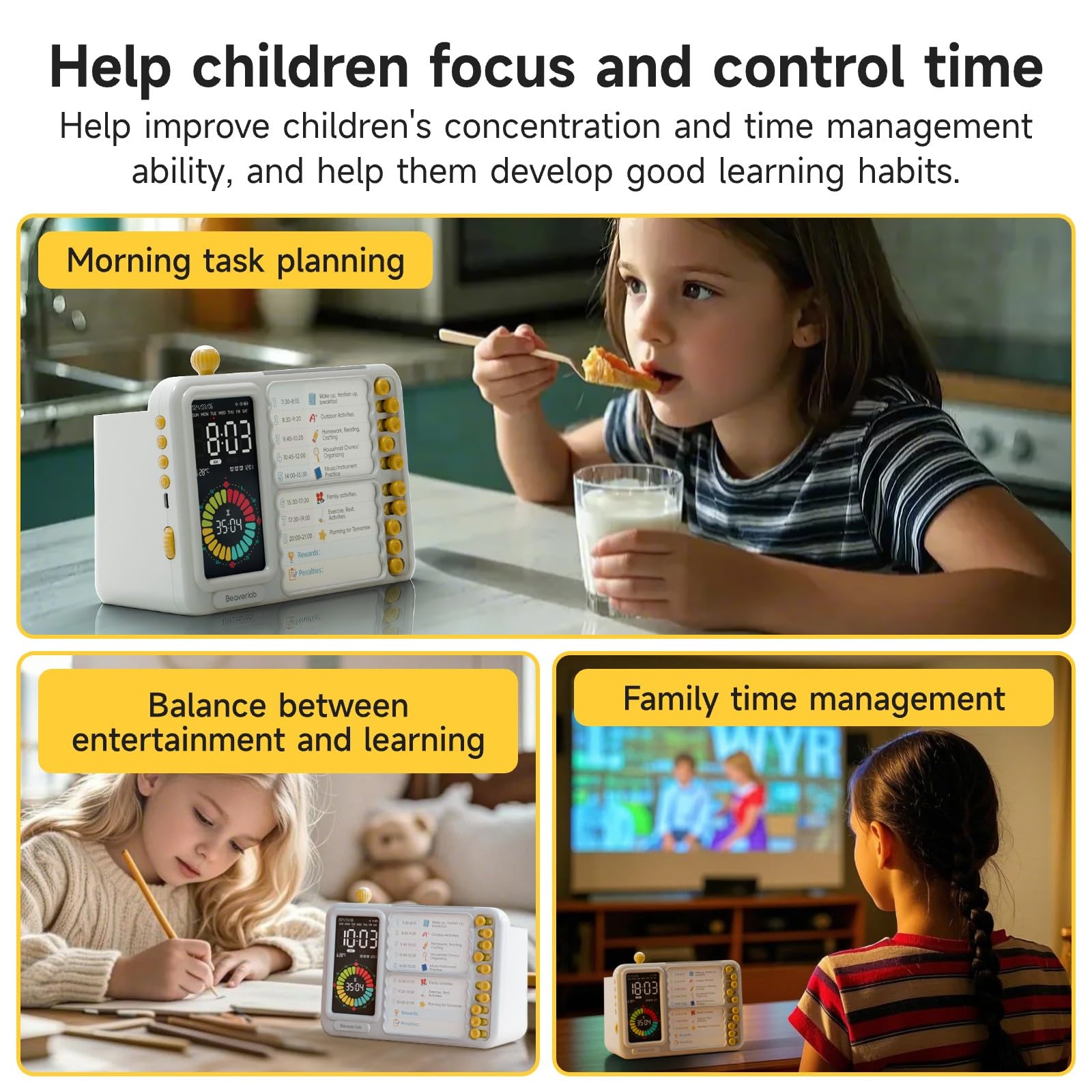 BEAVERLAB Calendrier hebdomadaire pour enfants, minuterie visuelle et réveil, liste de contrôle du TDAH pour activités et cuisine