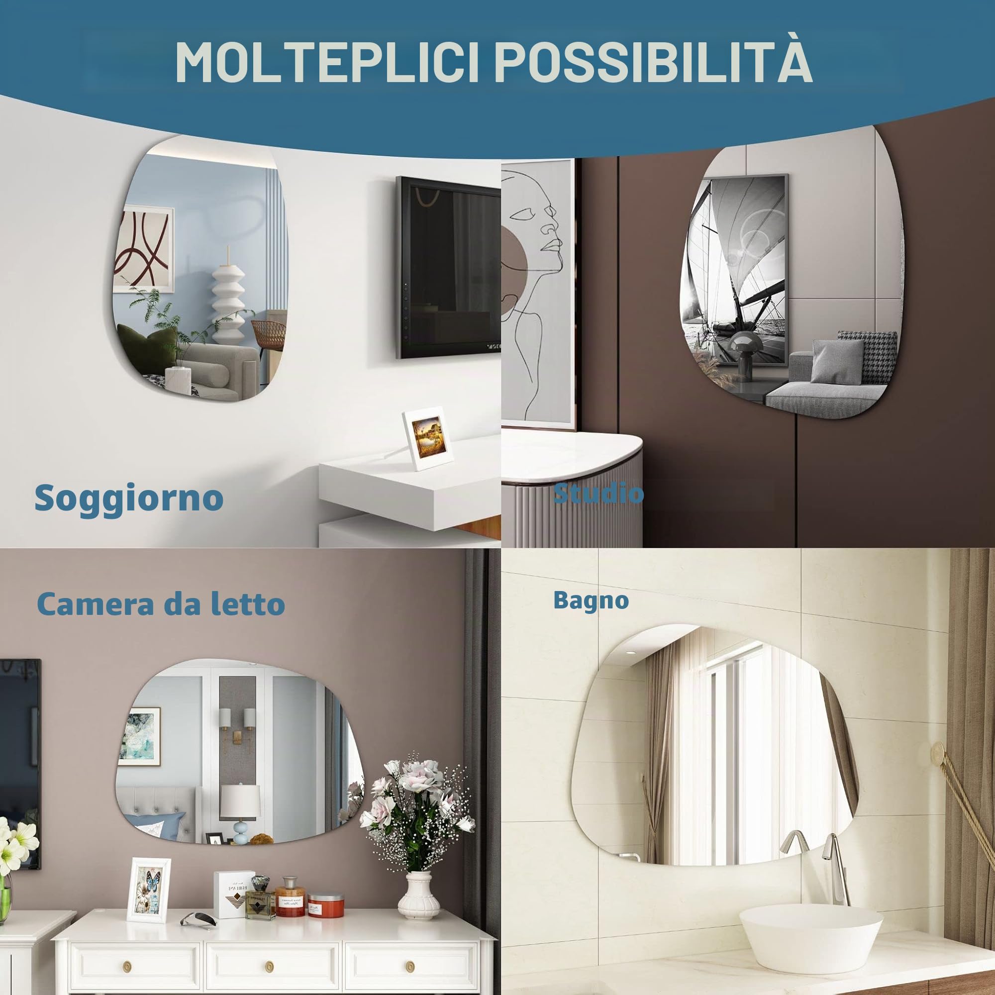 Albatros - Specchio di design asimmetrico, 90 x 70 cm, specchio da parete o da porta, forma organica moderna, specchio ovale e grande, asimmetrico sformato e senza cornice, Mirror Wall