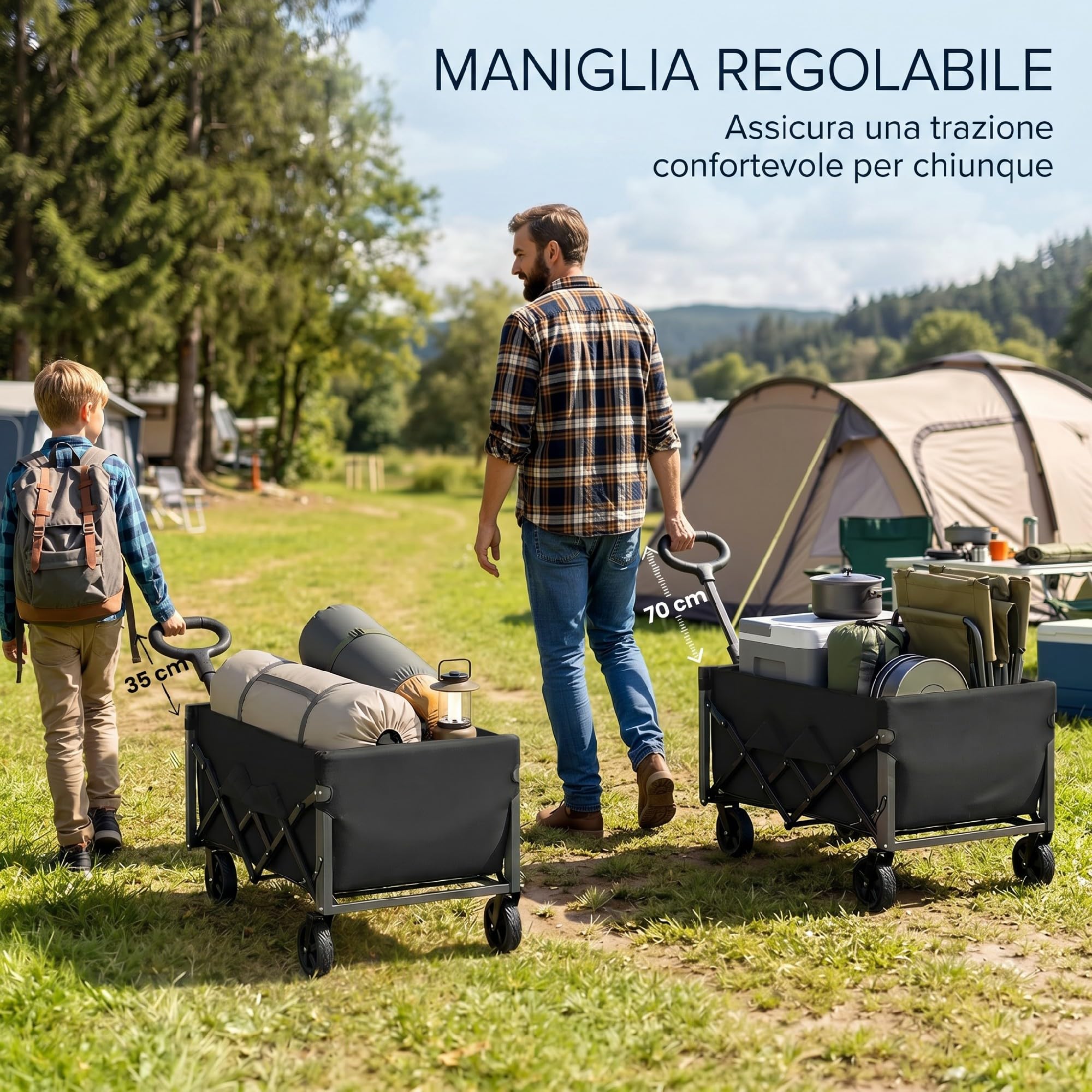 Outsunny Carrello da Giardino Pieghevole 60L, Carrello da Campeggio Portatile con Porta Frontale Apribile, Manico Regolabile e Supporto per Bicchieri, Ideale per Picnic, Pesca e Giardino, Nero