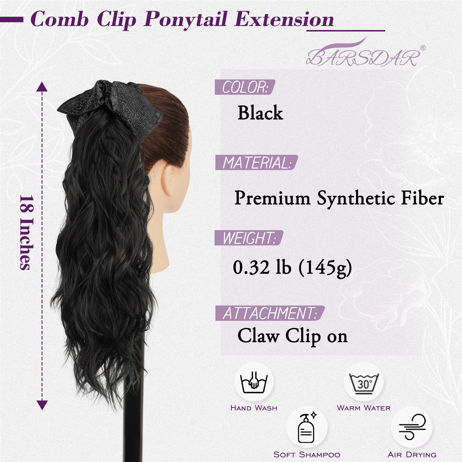 BARSDAR Artigli Pinza Coda Capelli Extension, 45cm Bow Artigli Pinza Ondulati Nero Coda di Cavallo Extension per Donne Aspetto Naturale Leggere Fluffy Sintetici Ondulati Nero Ponytail Posticci