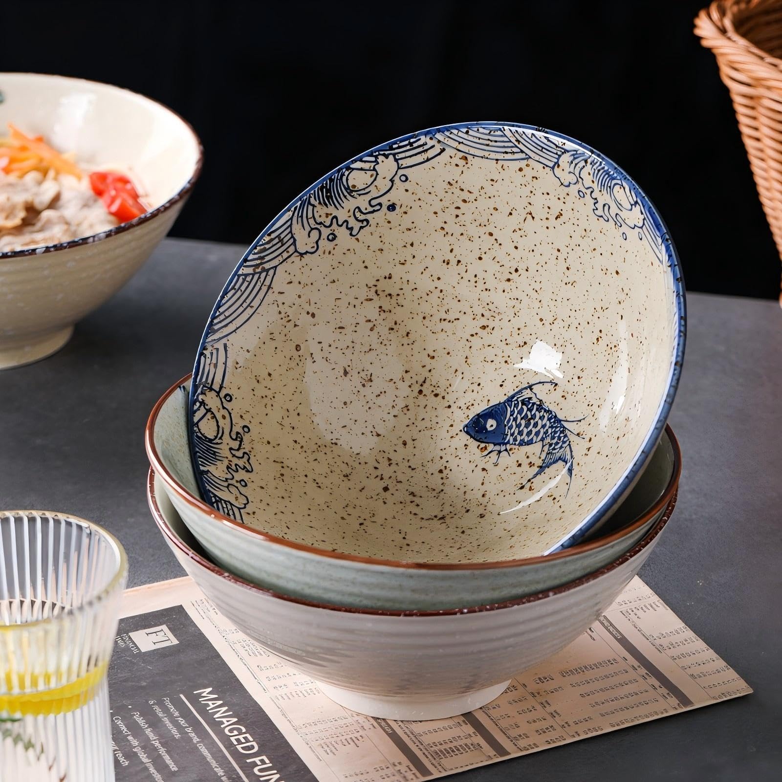 Ensemble de bols à ramen en céramique, 2 ensembles de 1,2 litres - Grands bols à nouilles japonaises avec cuillères et baguettes pour soupe, udon, soba, pho, nouilles asiatiques, salade de