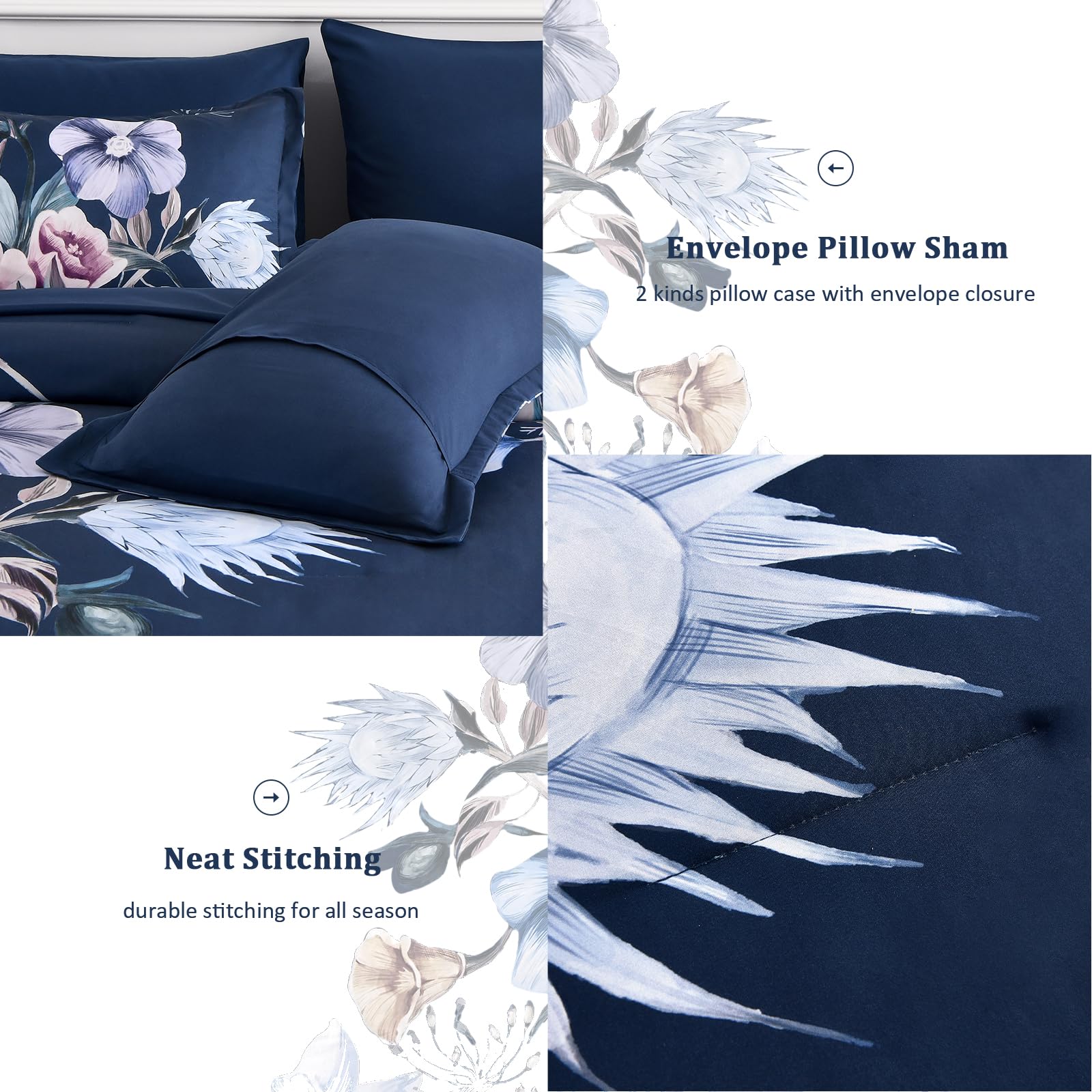 Anibedding Navy Floral Comforter Set Queen Size 7 Piece, Blue Flower Bed in a Bag, Elegant Botanical Floral Comforter Soft Microfiber Complete Bedding Set for All Season, (Navy Blue, 90x90