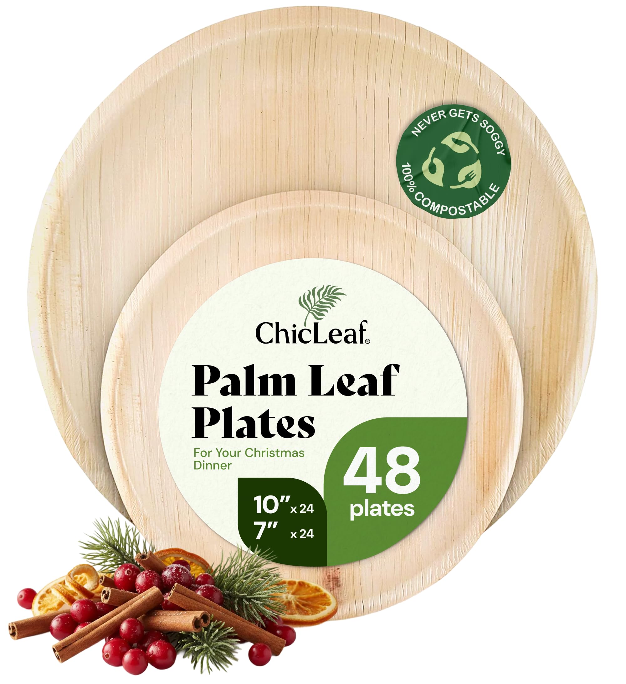 Chic Leaf Round Palm Leaf Plates - 10-Inch & 7-Inch, Pack of 48 - Compostable Disposable Bamboo Plates for Parties, Christmas Dinner, Turkey Family Meal and Holiday Food