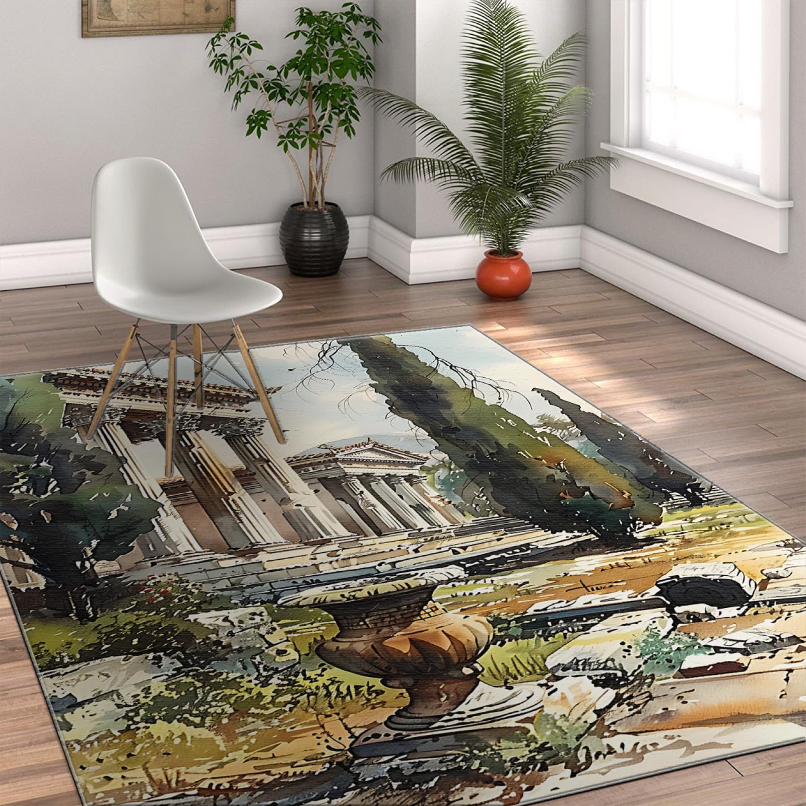 Tapis de Style campagnard 60x90cm - Thème Aquarelle Wilderness Rétro Bâtiment Forêt Paysage Antidérapant Tapis Mince à Poils Ras pour l’entrée